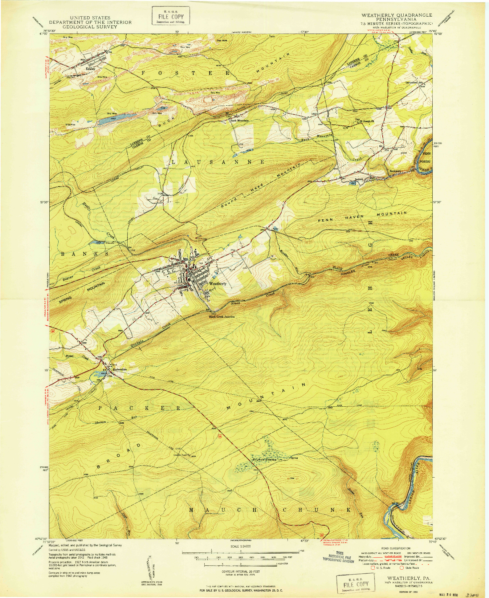 USGS 1:24000-SCALE QUADRANGLE FOR WEATHERLY, PA 1950