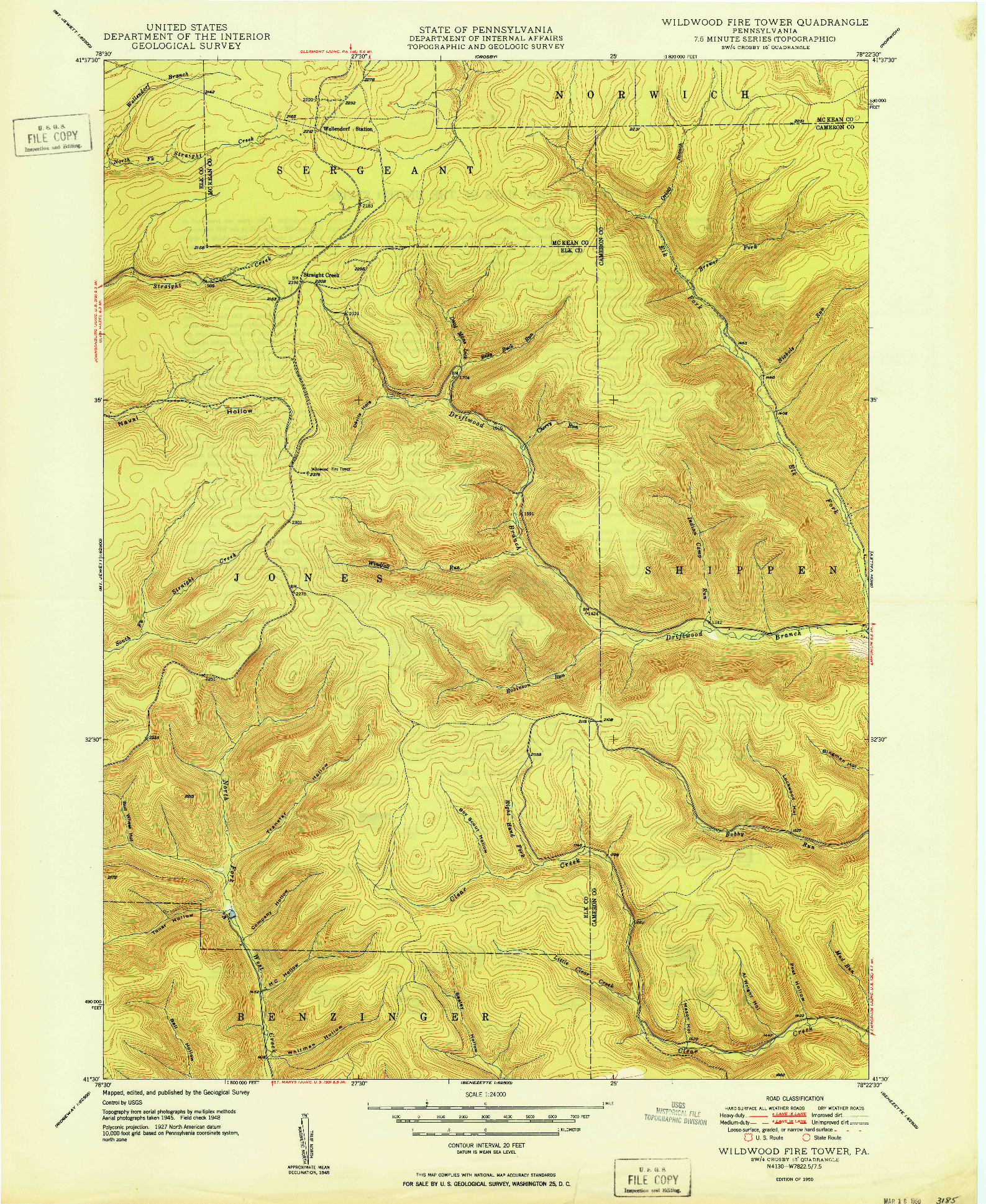 USGS 1:24000-SCALE QUADRANGLE FOR WILDWOOD FIRE TOWER, PA 1950