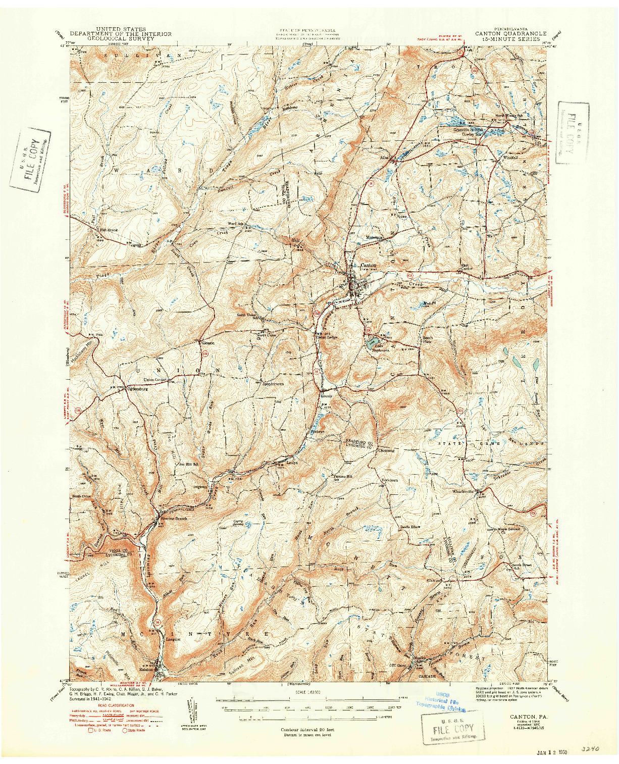 USGS 1:62500-SCALE QUADRANGLE FOR CANTON, PA 1944