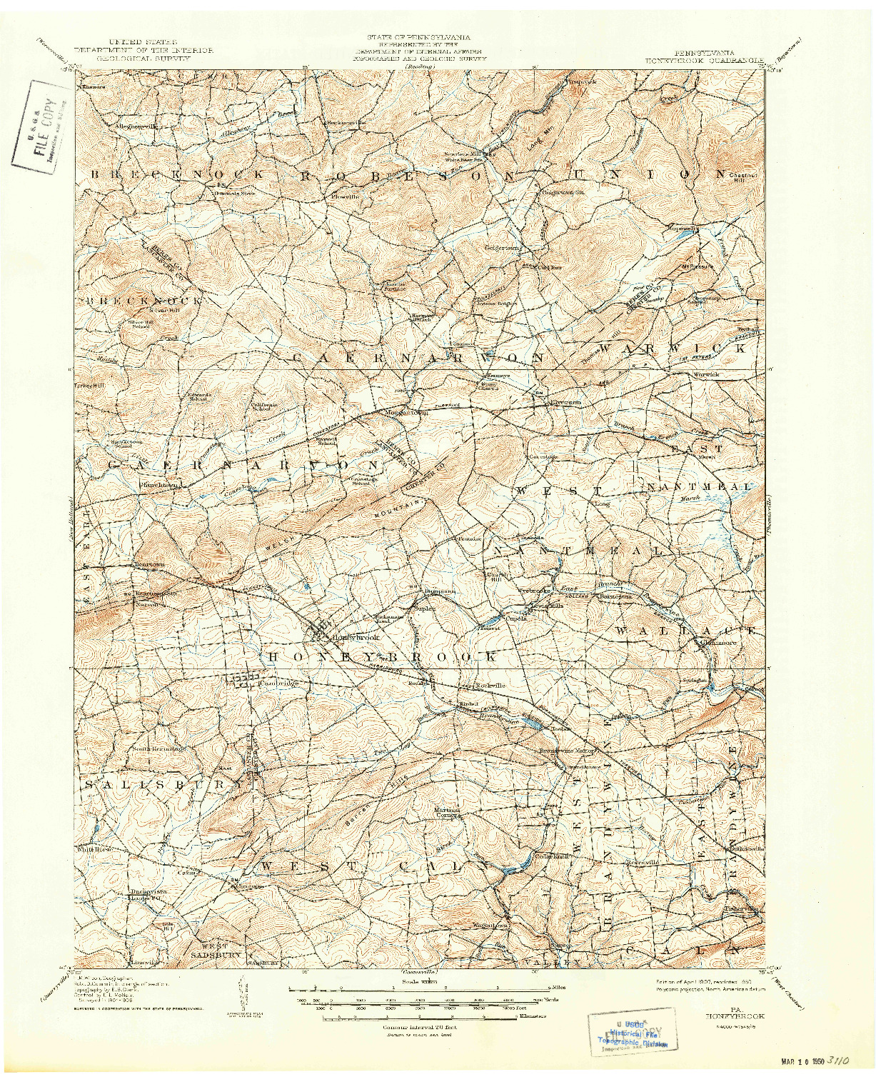 USGS 1:62500-SCALE QUADRANGLE FOR HONEYBROOK, PA 1907