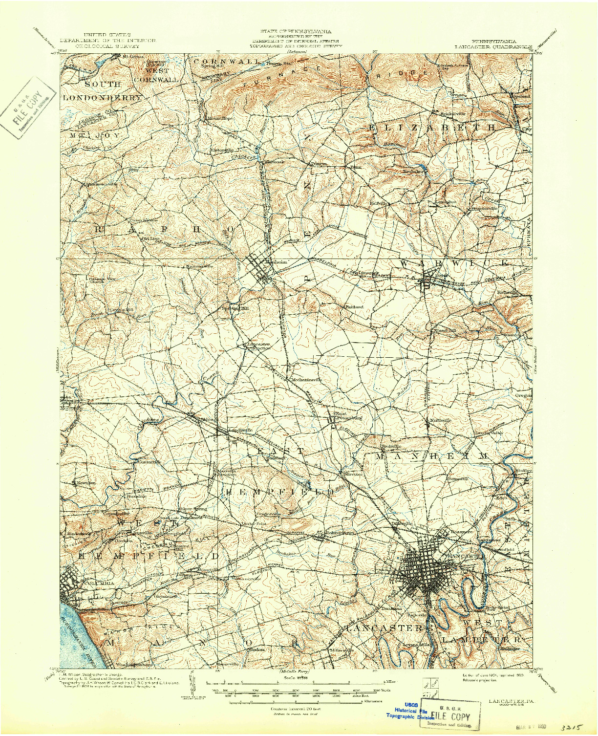 USGS 1:62500-SCALE QUADRANGLE FOR LANCASTER, PA 1904