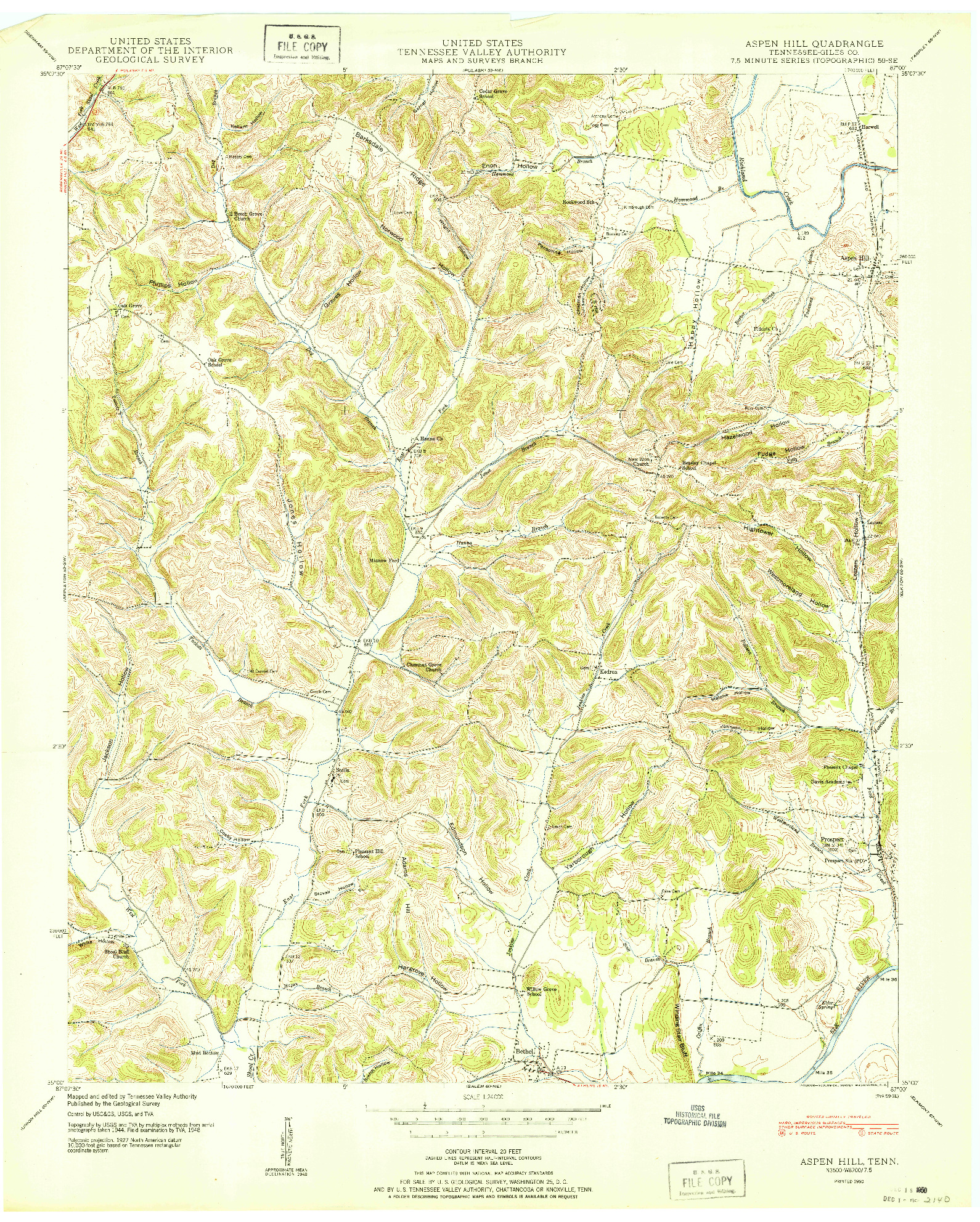 USGS 1:24000-SCALE QUADRANGLE FOR ASPEN HILL, TN 1950