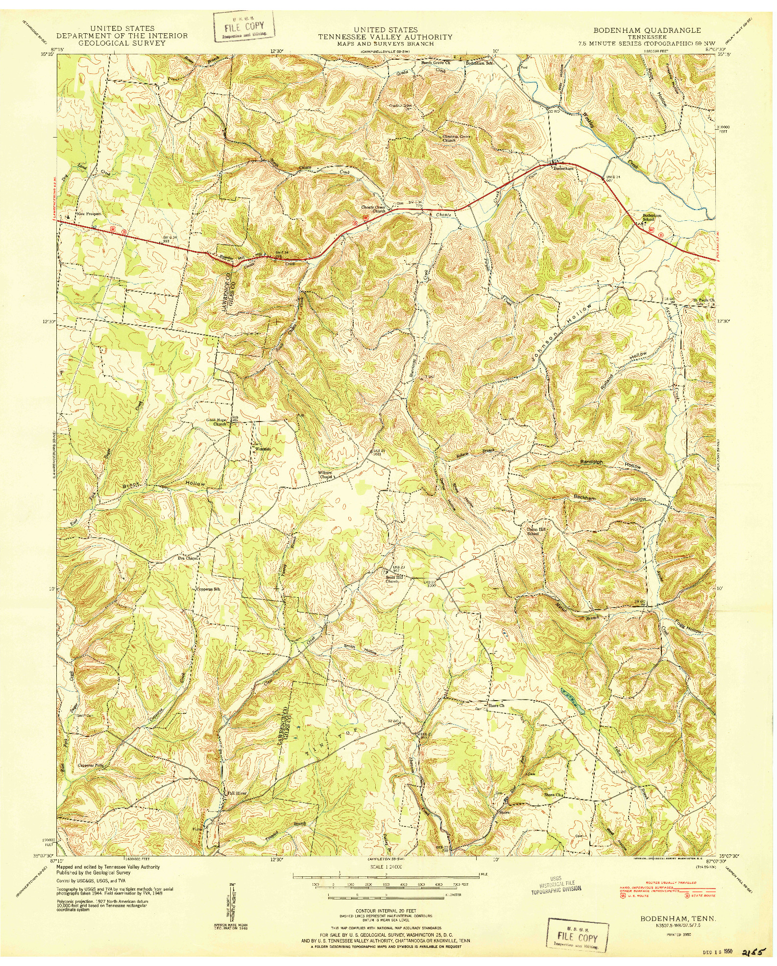 USGS 1:24000-SCALE QUADRANGLE FOR BODENHAM, TN 1950