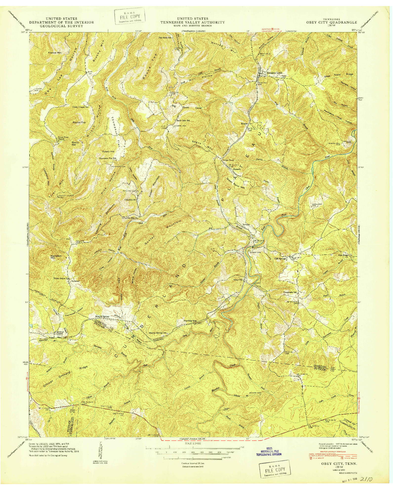 USGS 1:24000-SCALE QUADRANGLE FOR OBEY CITY, TN 1950