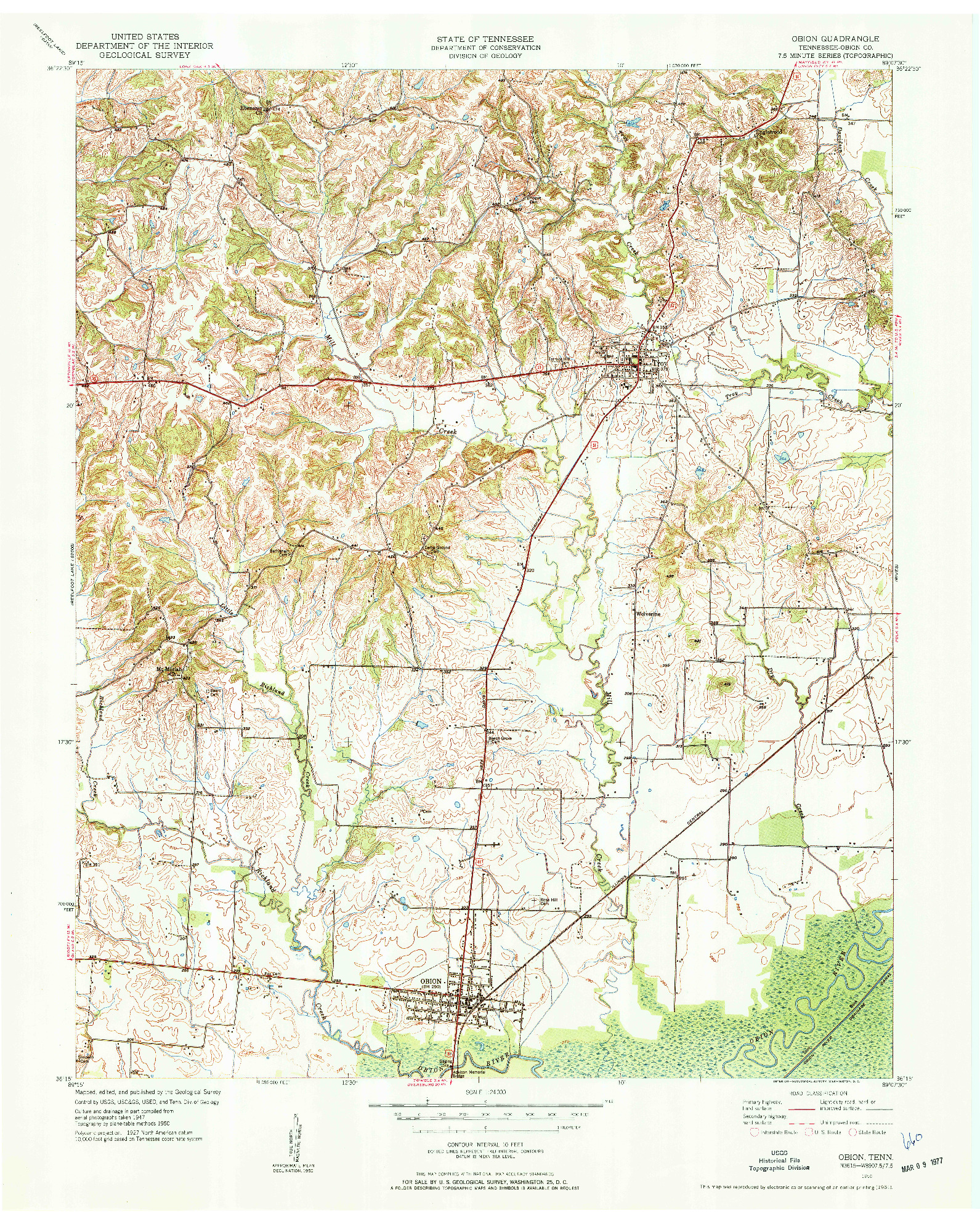 USGS 1:24000-SCALE QUADRANGLE FOR OBION, TN 1950