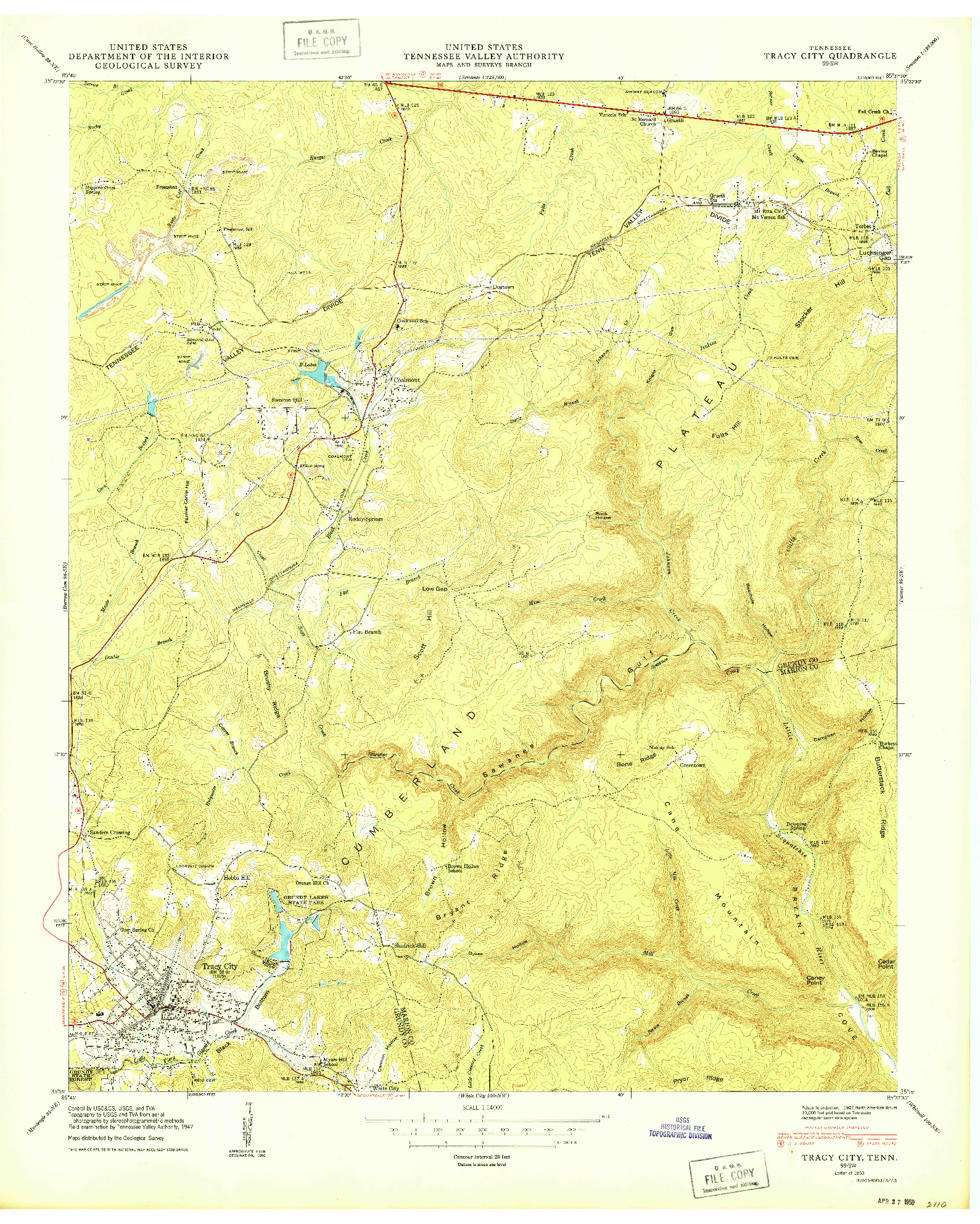 USGS 1:24000-SCALE QUADRANGLE FOR TRACY CITY, TN 1950