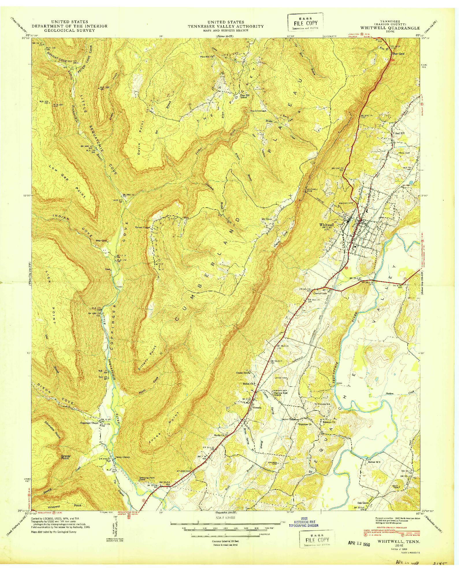 USGS 1:24000-SCALE QUADRANGLE FOR WHITWELL, TN 1950