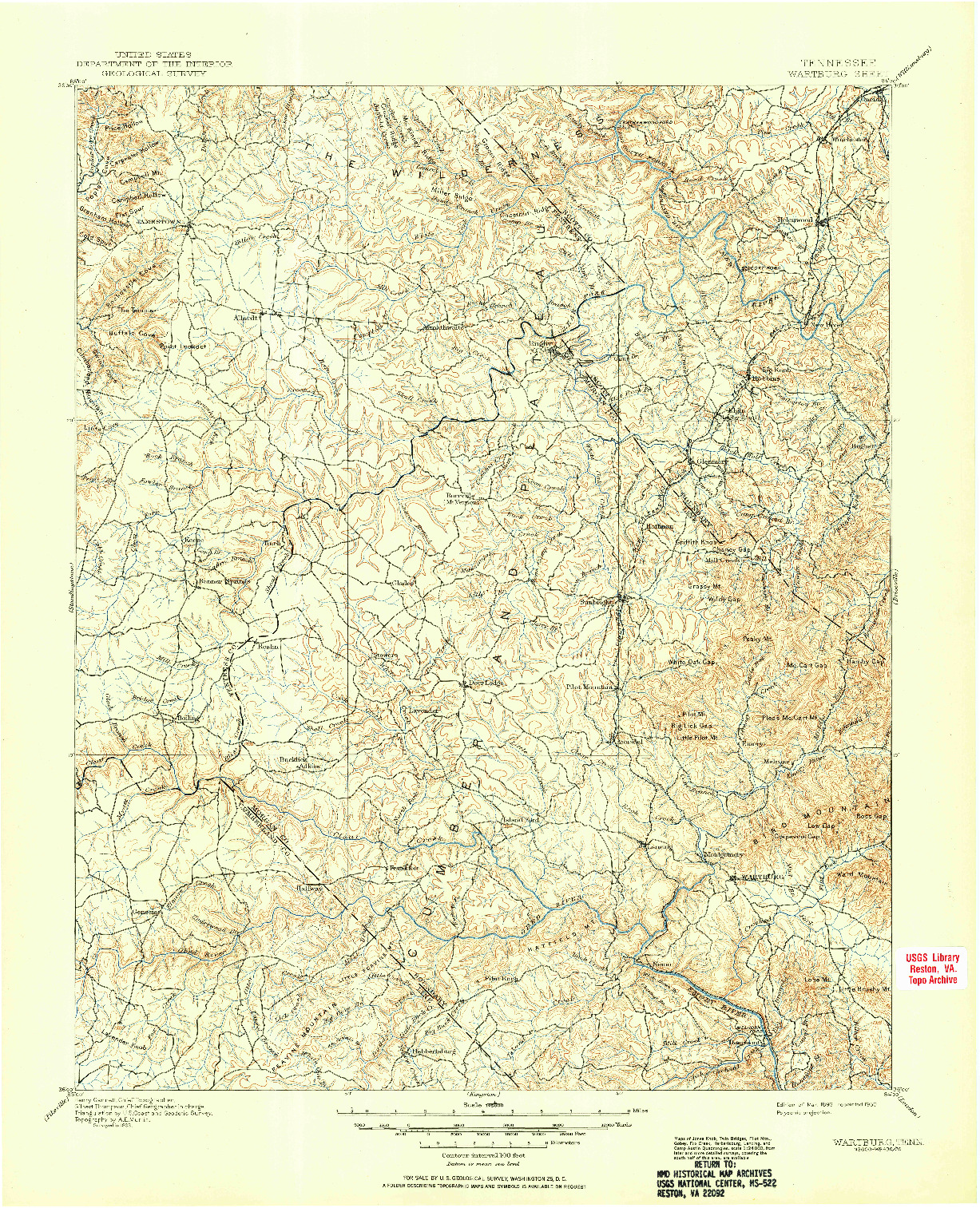 USGS 1:125000-SCALE QUADRANGLE FOR WARTBURG, TN 1896