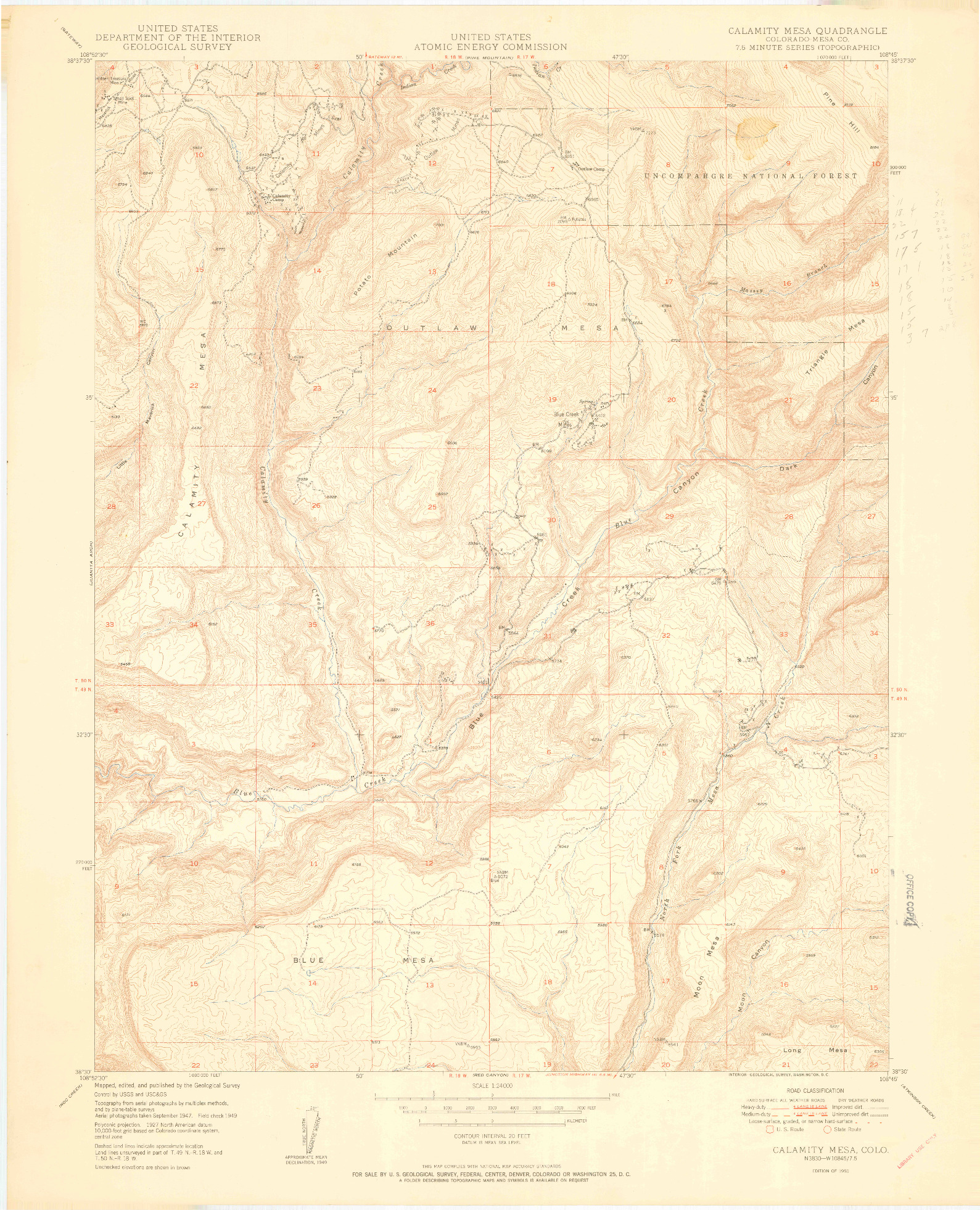 USGS 1:24000-SCALE QUADRANGLE FOR CALAMITY MESA, CO 1950
