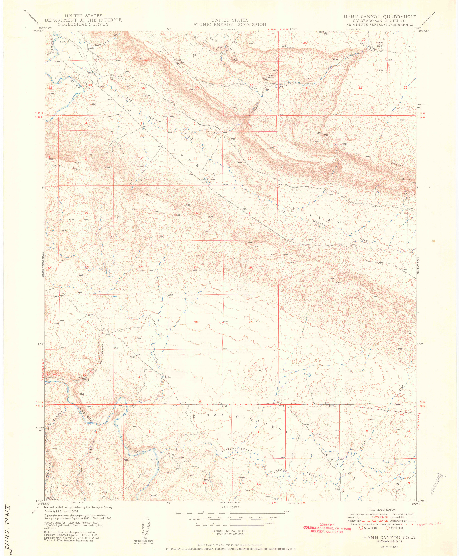 USGS 1:24000-SCALE QUADRANGLE FOR HAMM CANYON, CO 1950