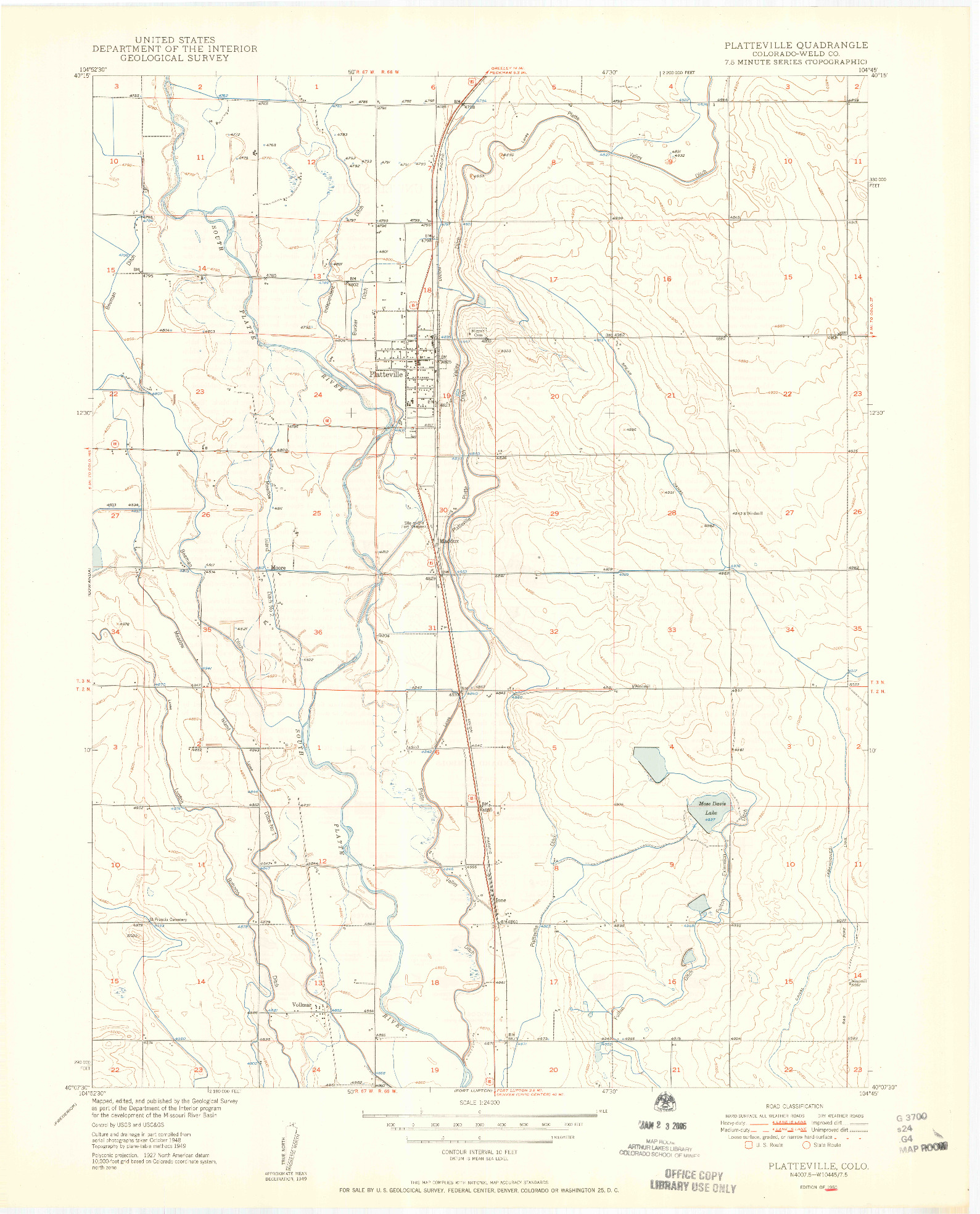 USGS 1:24000-SCALE QUADRANGLE FOR PLATTEVILLE, CO 1950