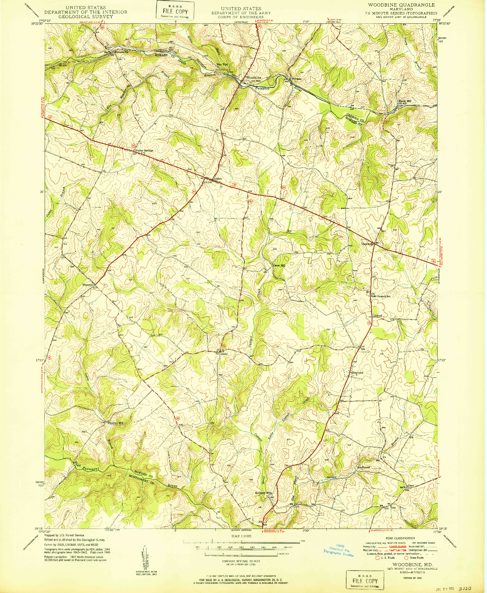 USGS 1:24000-SCALE QUADRANGLE FOR WOODBINE, MD 1950