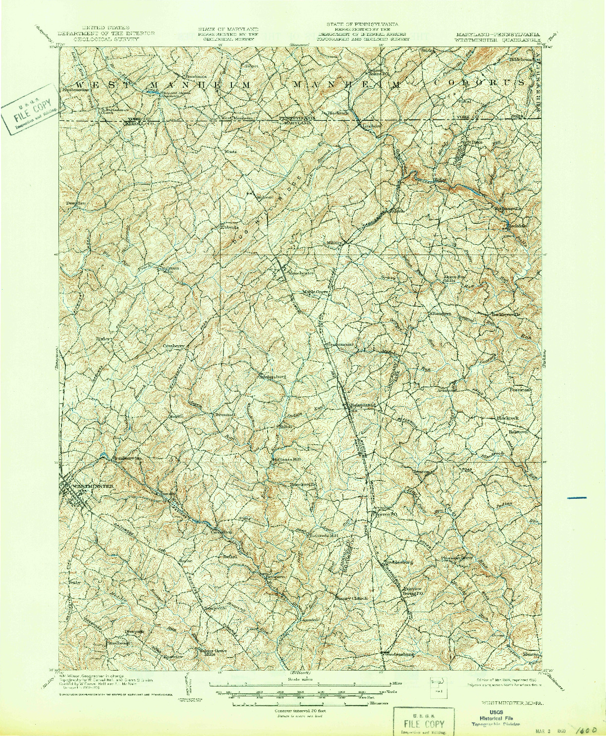 USGS 1:62500-SCALE QUADRANGLE FOR WESTMINSTER, MD 1905
