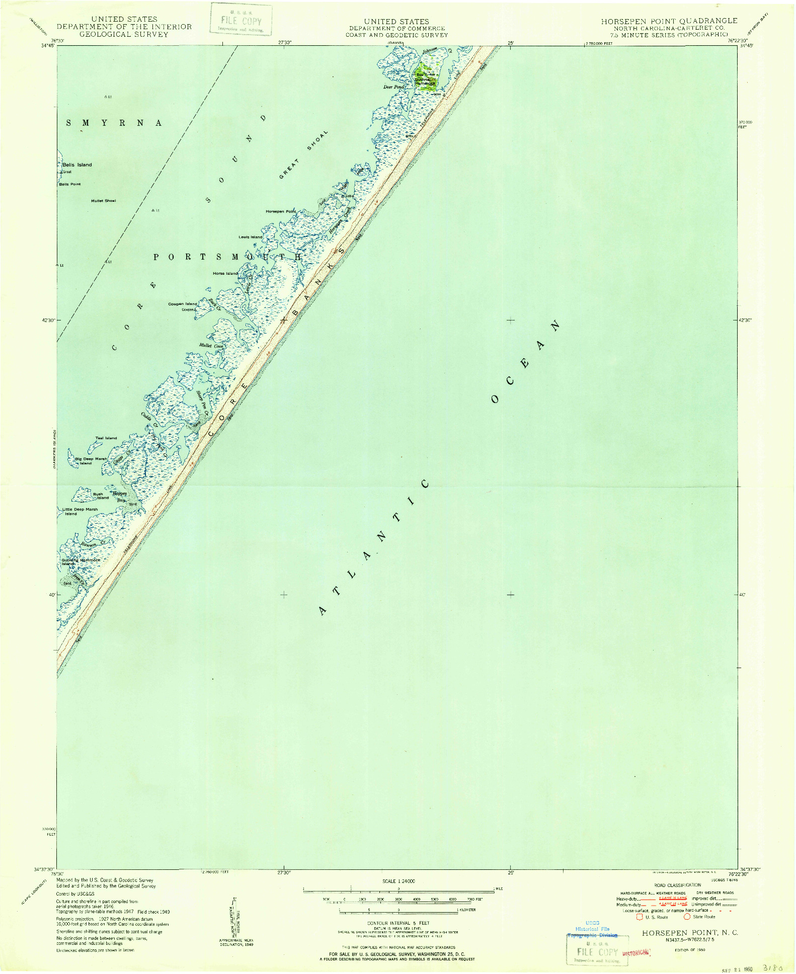 USGS 1:24000-SCALE QUADRANGLE FOR HORSEPEN POINT, NC 1950