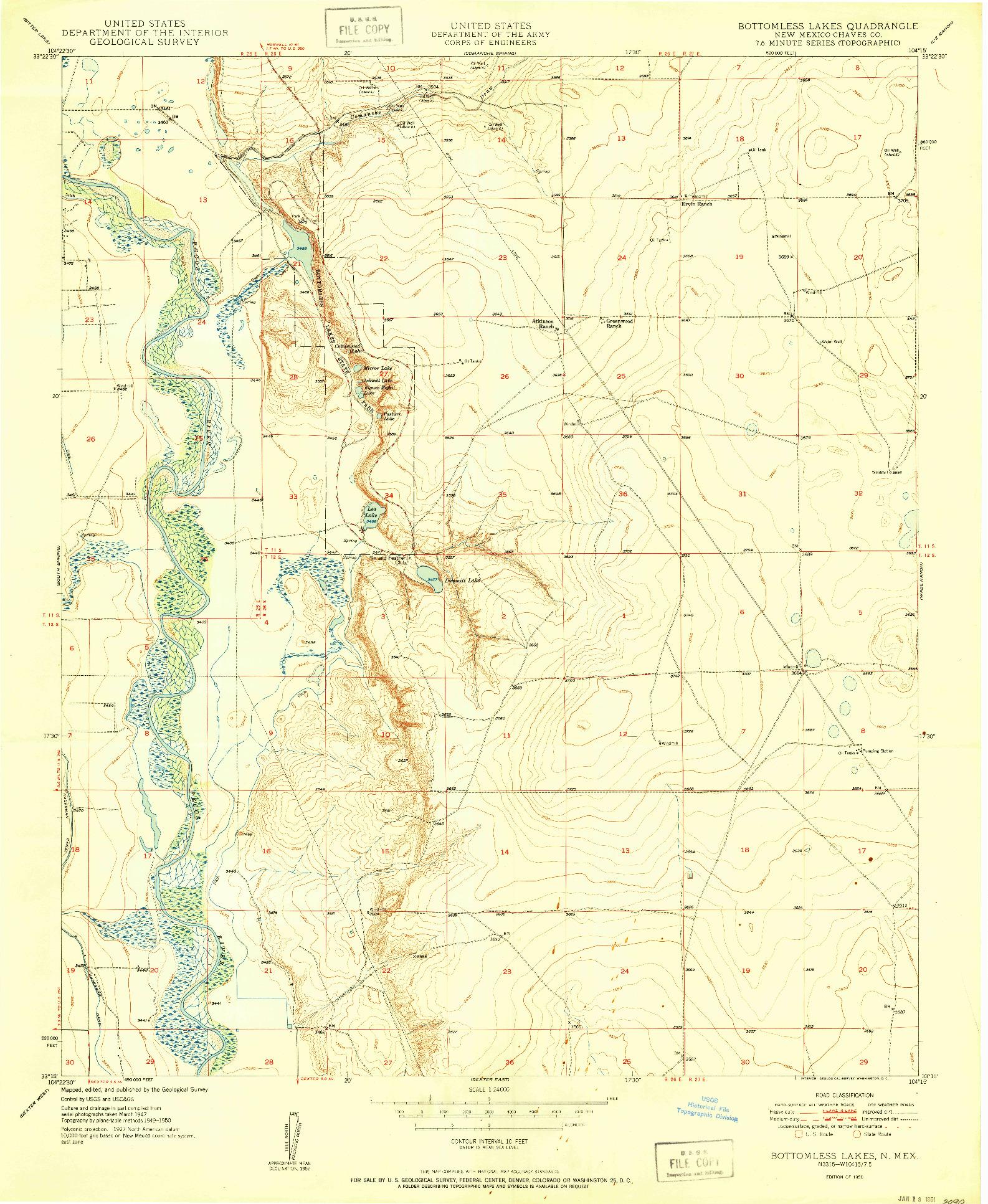 USGS 1:24000-SCALE QUADRANGLE FOR BOTTOMLESS LAKES, NM 1950