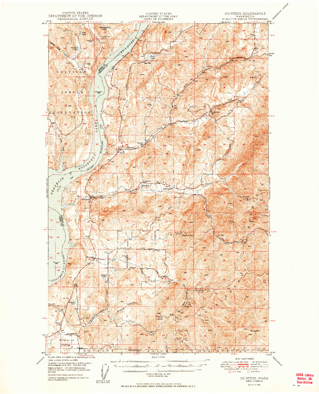 USGS 1:62500-SCALE QUADRANGLE FOR HUNTERS, WA 1950