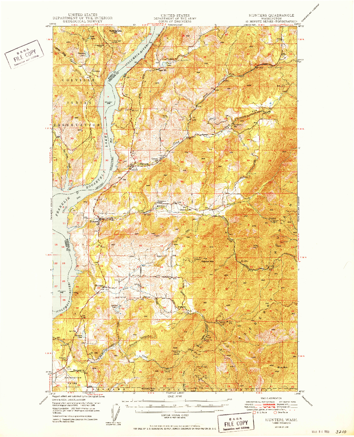 USGS 1:62500-SCALE QUADRANGLE FOR HUNTERS, WA 1950