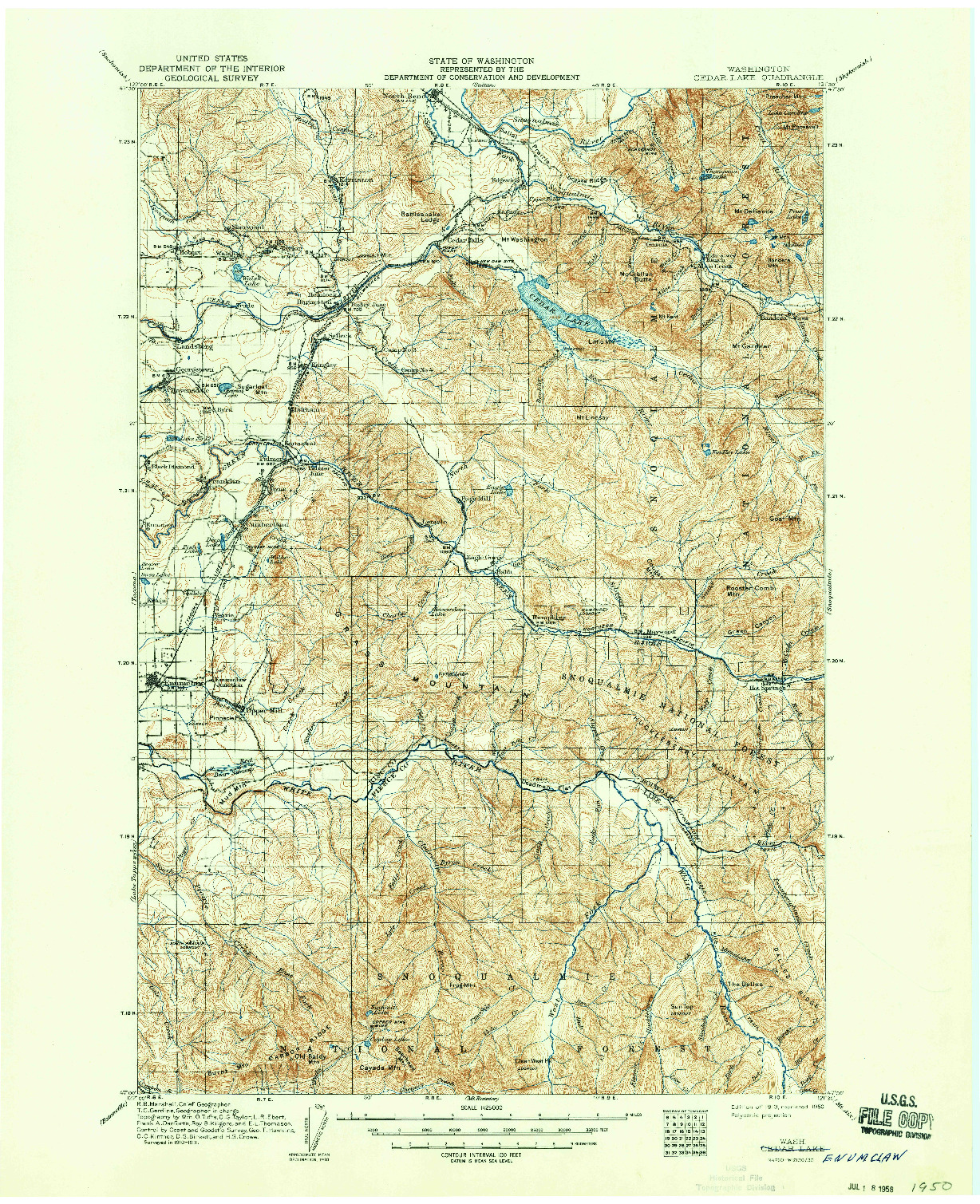 USGS 1:125000-SCALE QUADRANGLE FOR CEDAR LAKE, WA 1913