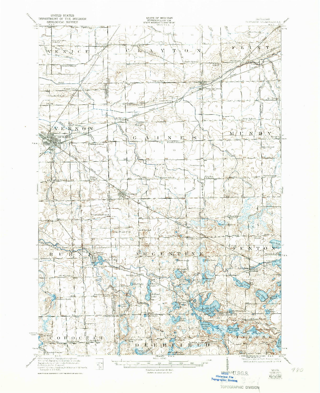 USGS 1:62500-SCALE QUADRANGLE FOR DURAND, MI 1922