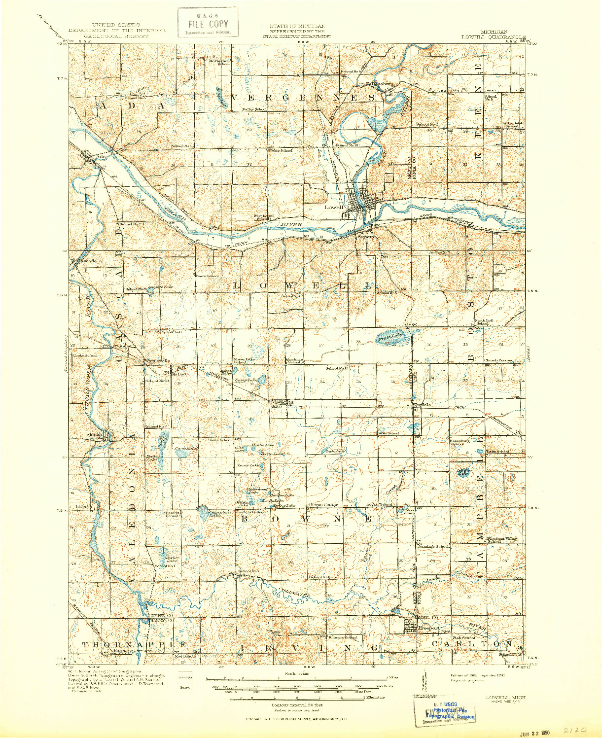 USGS 1:62500-SCALE QUADRANGLE FOR LOWELL, MI 1918