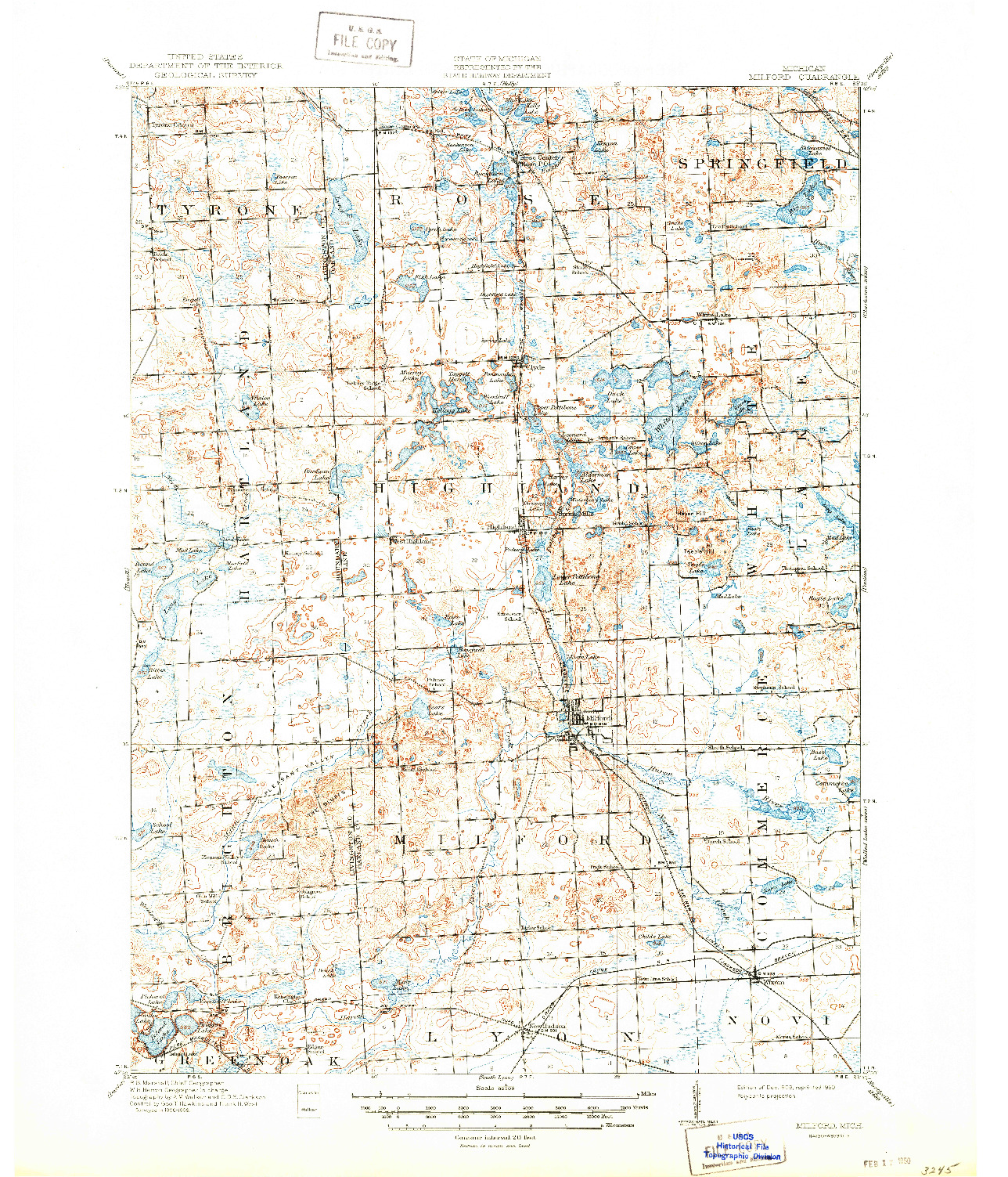 USGS 1:62500-SCALE QUADRANGLE FOR MILFORD, MI 1909