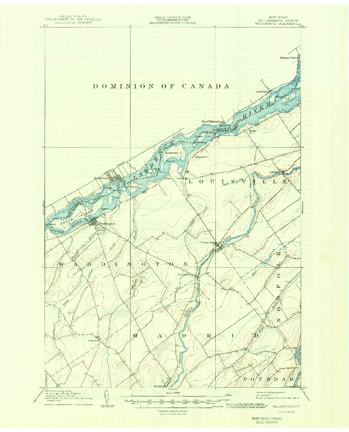 USGS 1:62500-SCALE QUADRANGLE FOR WADDINGTON, NY 1905