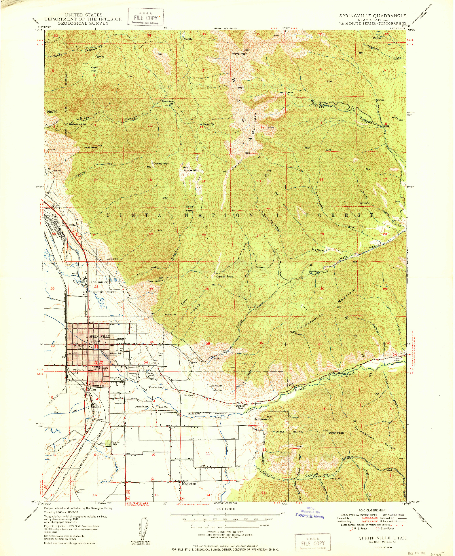 USGS 1:24000-SCALE QUADRANGLE FOR SPRINGVILLE, UT 1950