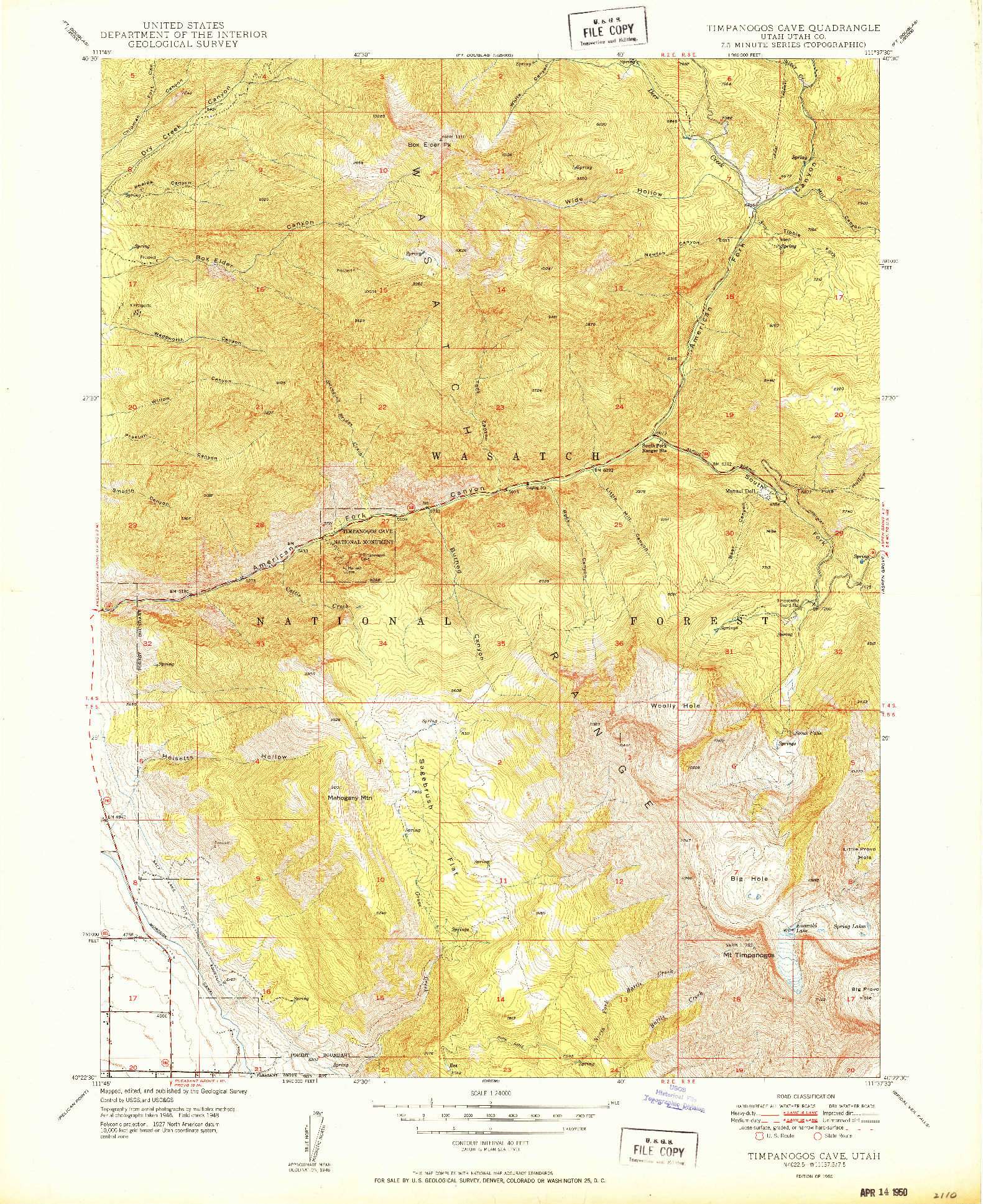 USGS 1:24000-SCALE QUADRANGLE FOR TIMPANOGOS CAVE, UT 1950