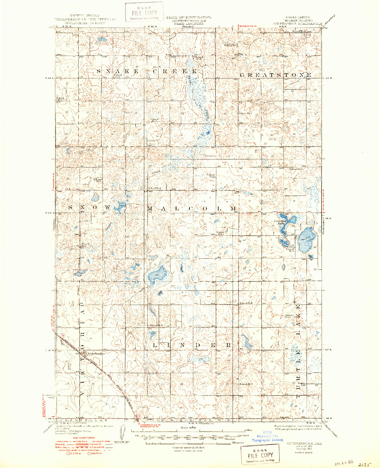 USGS 1:62500-SCALE QUADRANGLE FOR COLEHARBOR, ND 1929