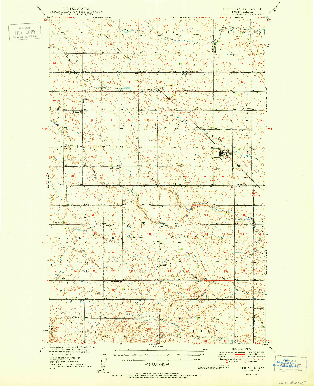 USGS 1:62500-SCALE QUADRANGLE FOR DEERING, ND 1950