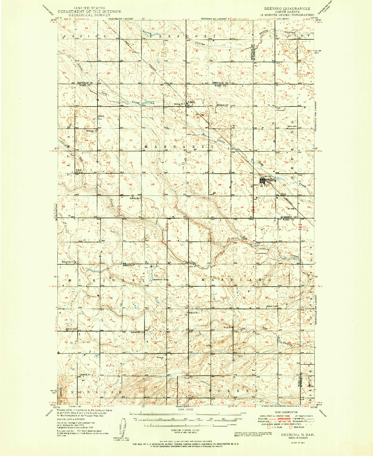 USGS 1:62500-SCALE QUADRANGLE FOR DEERING, ND 1950