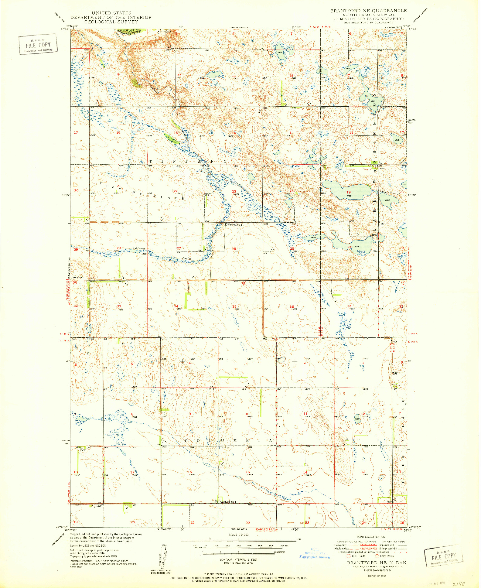 USGS 1:24000-SCALE QUADRANGLE FOR BRANTFORD NE, ND 1950