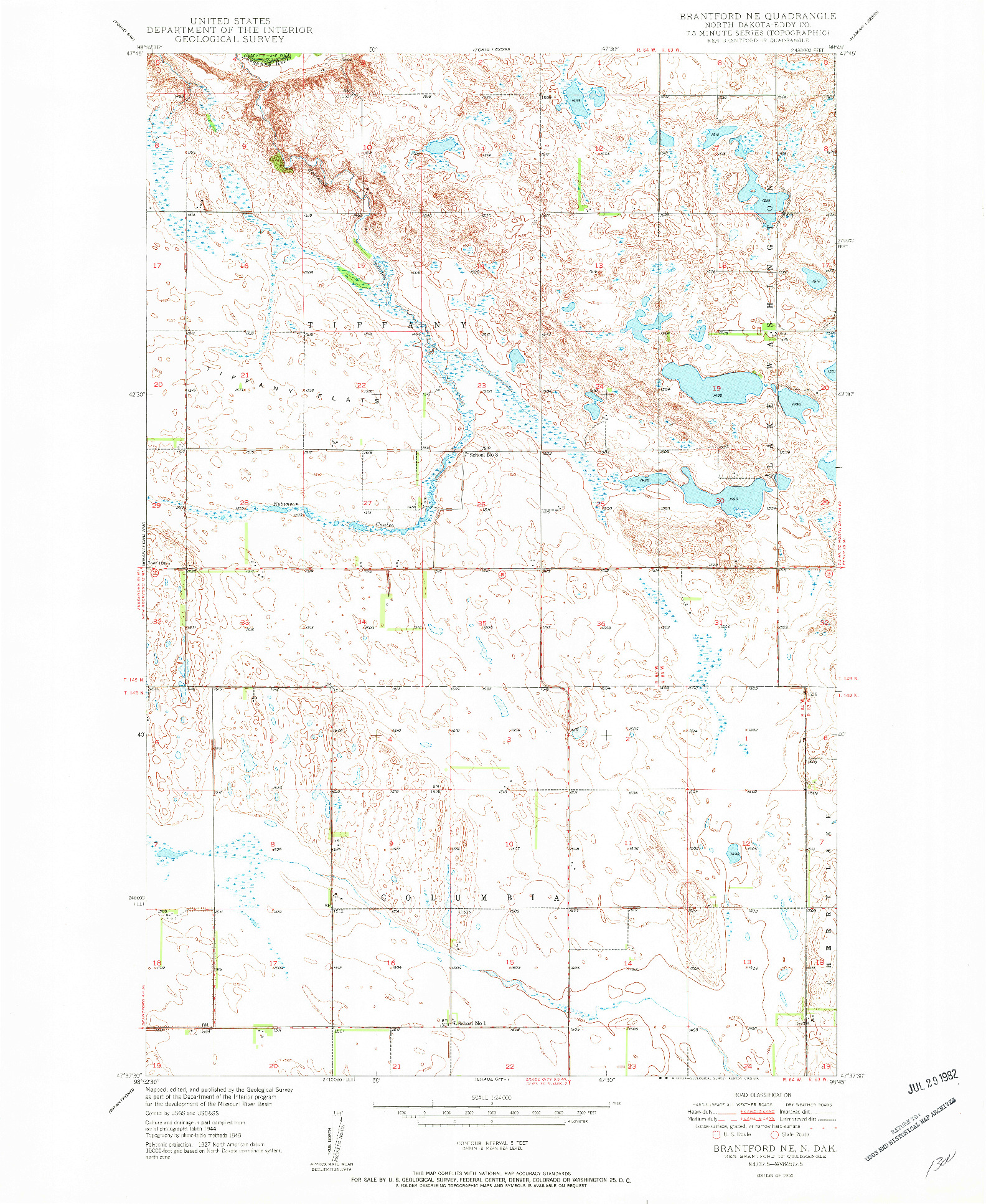 USGS 1:24000-SCALE QUADRANGLE FOR BRANTFORD NE, ND 1950