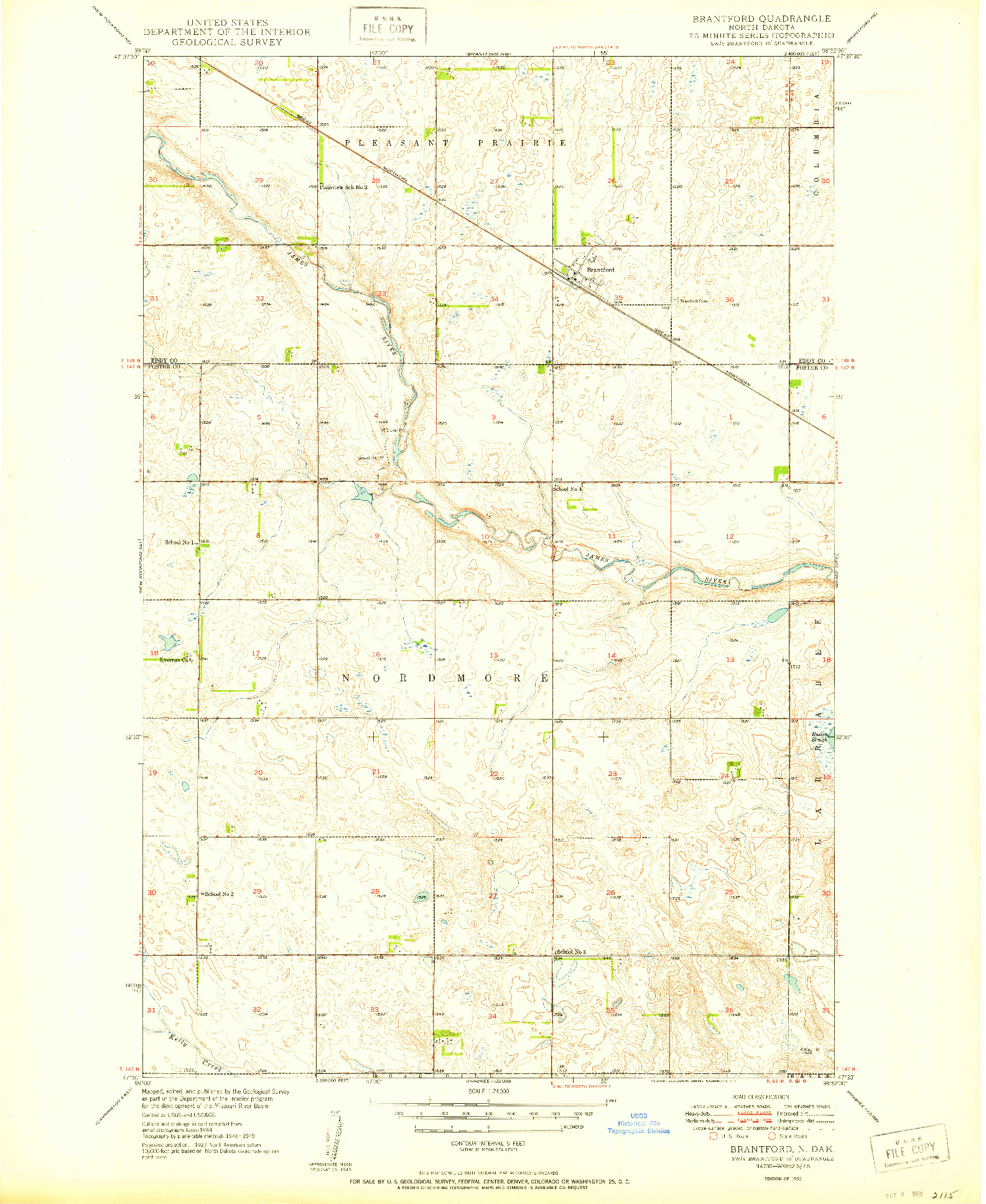 USGS 1:24000-SCALE QUADRANGLE FOR BRANTFORD, ND 1950