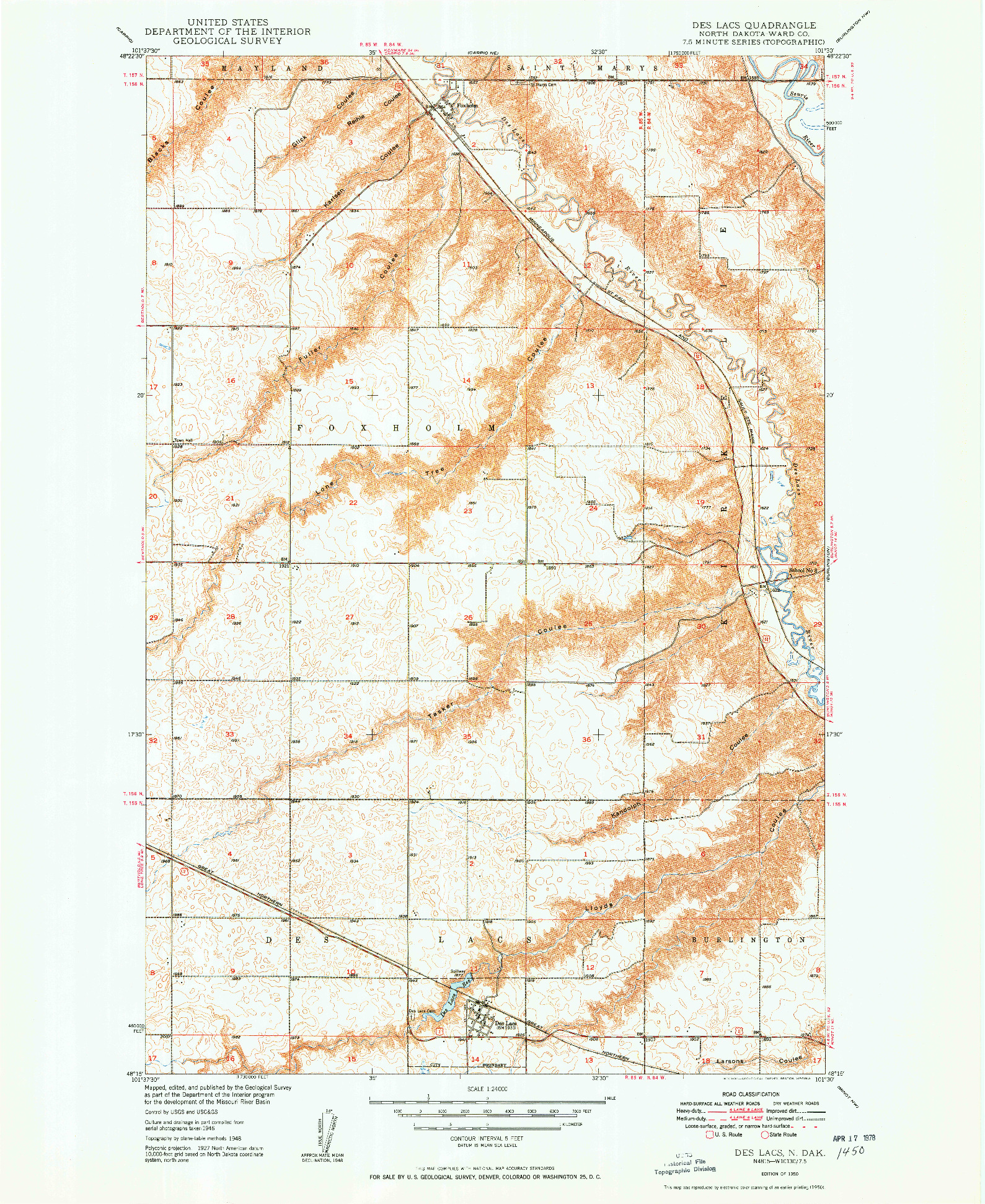 USGS 1:24000-SCALE QUADRANGLE FOR DES LACS, ND 1950