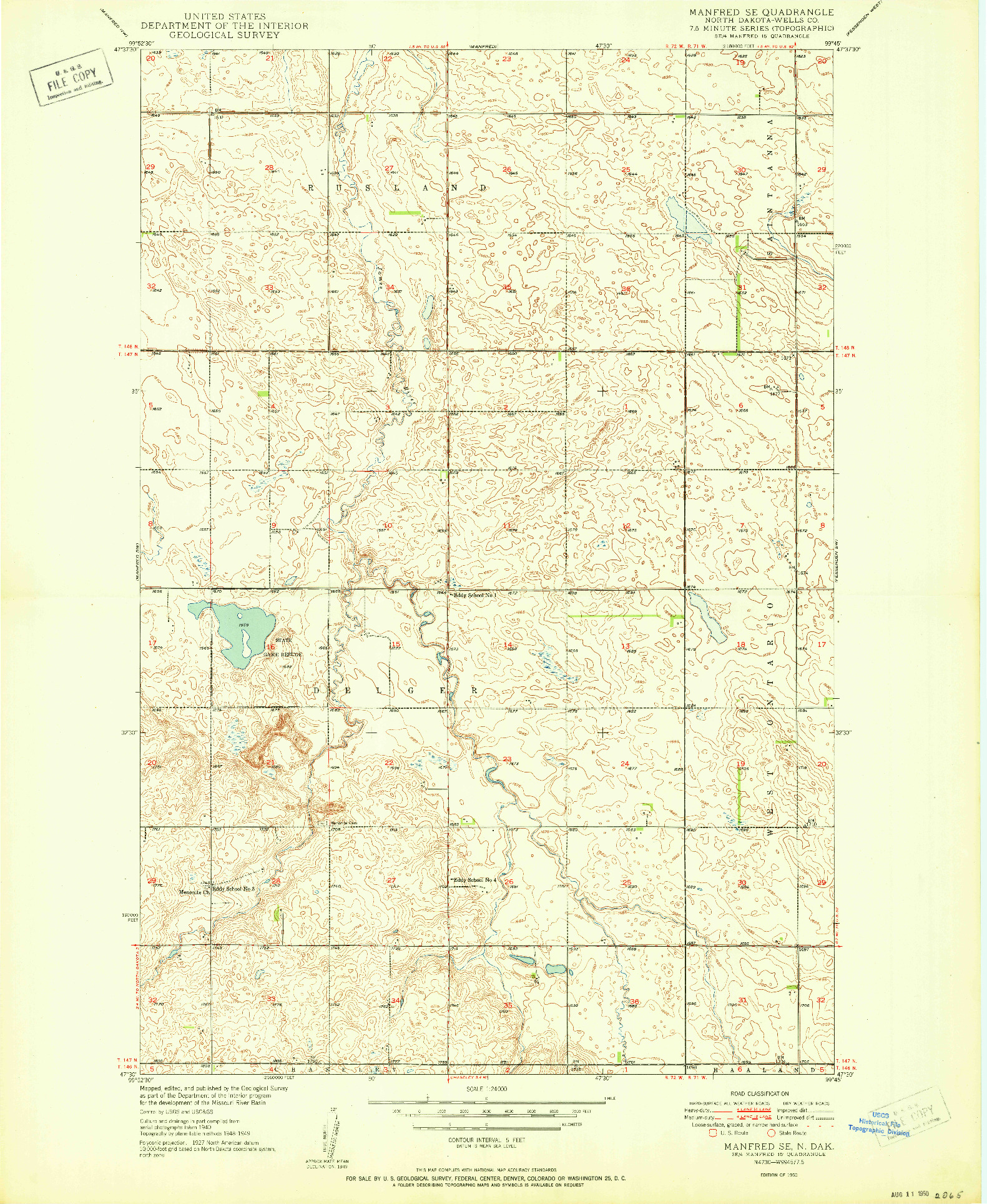 USGS 1:24000-SCALE QUADRANGLE FOR MANFRED SE, ND 1950