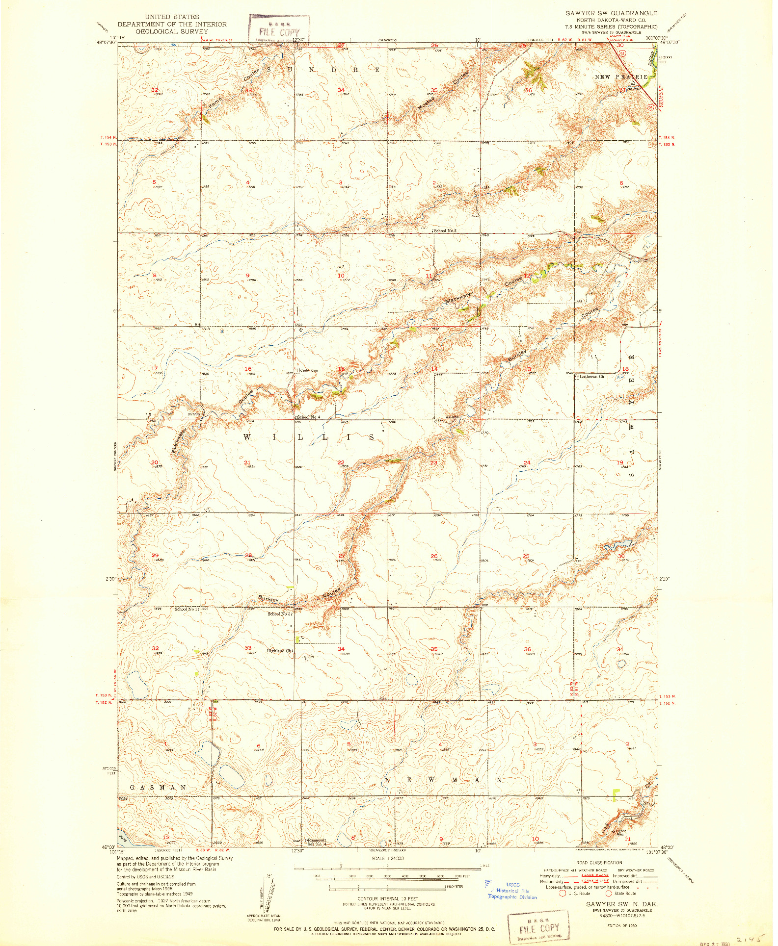 USGS 1:24000-SCALE QUADRANGLE FOR SAWYER SW, ND 1950