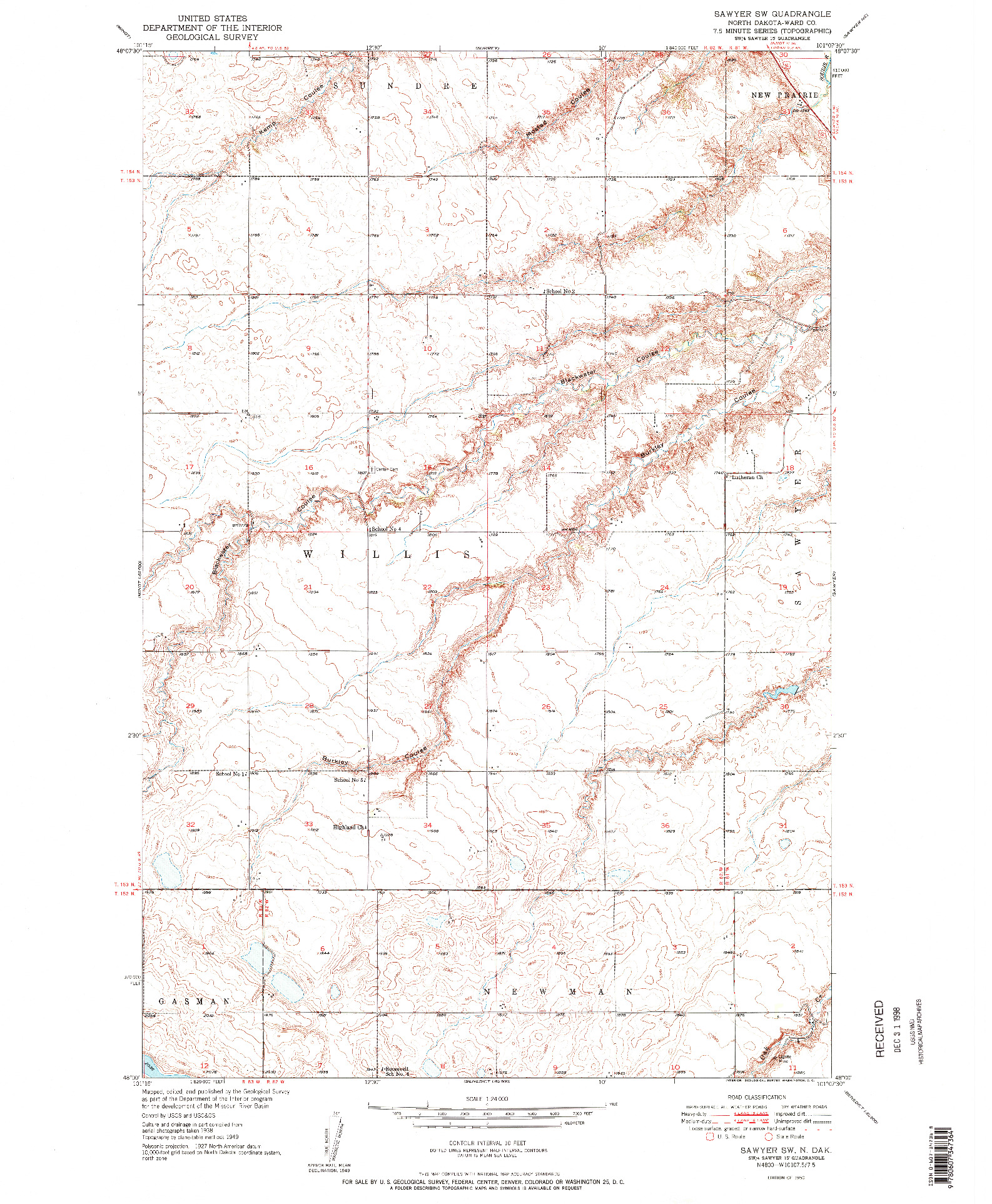 USGS 1:24000-SCALE QUADRANGLE FOR SAWYER SW, ND 1950