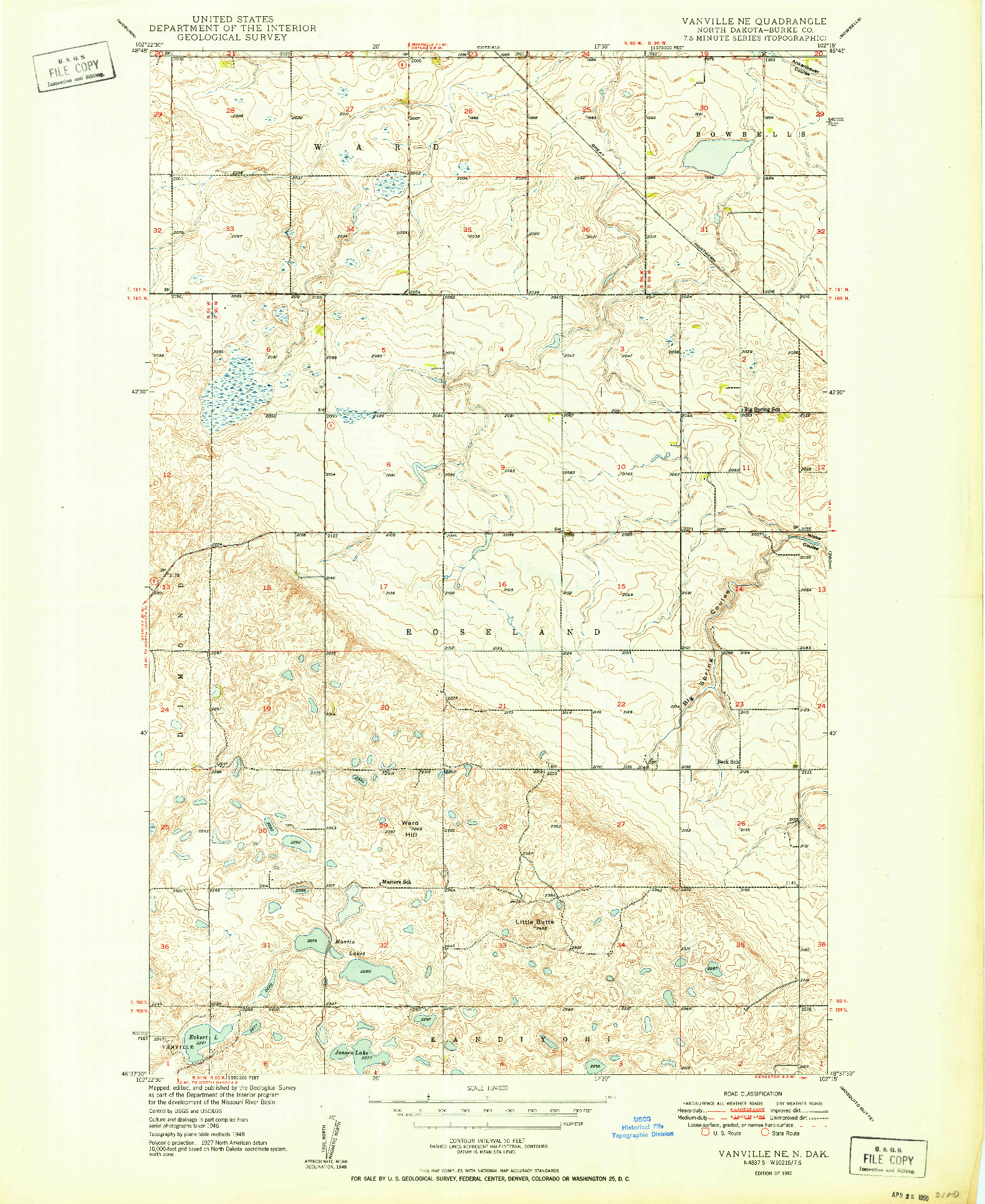USGS 1:24000-SCALE QUADRANGLE FOR VANVILLE NE, ND 1950