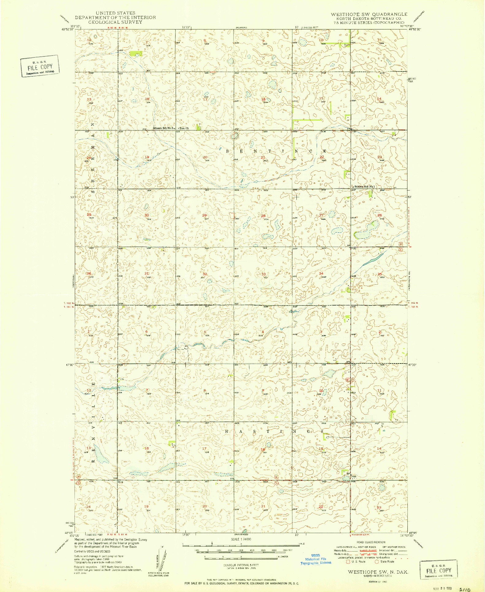 USGS 1:24000-SCALE QUADRANGLE FOR WESTHOPE SW, ND 1950
