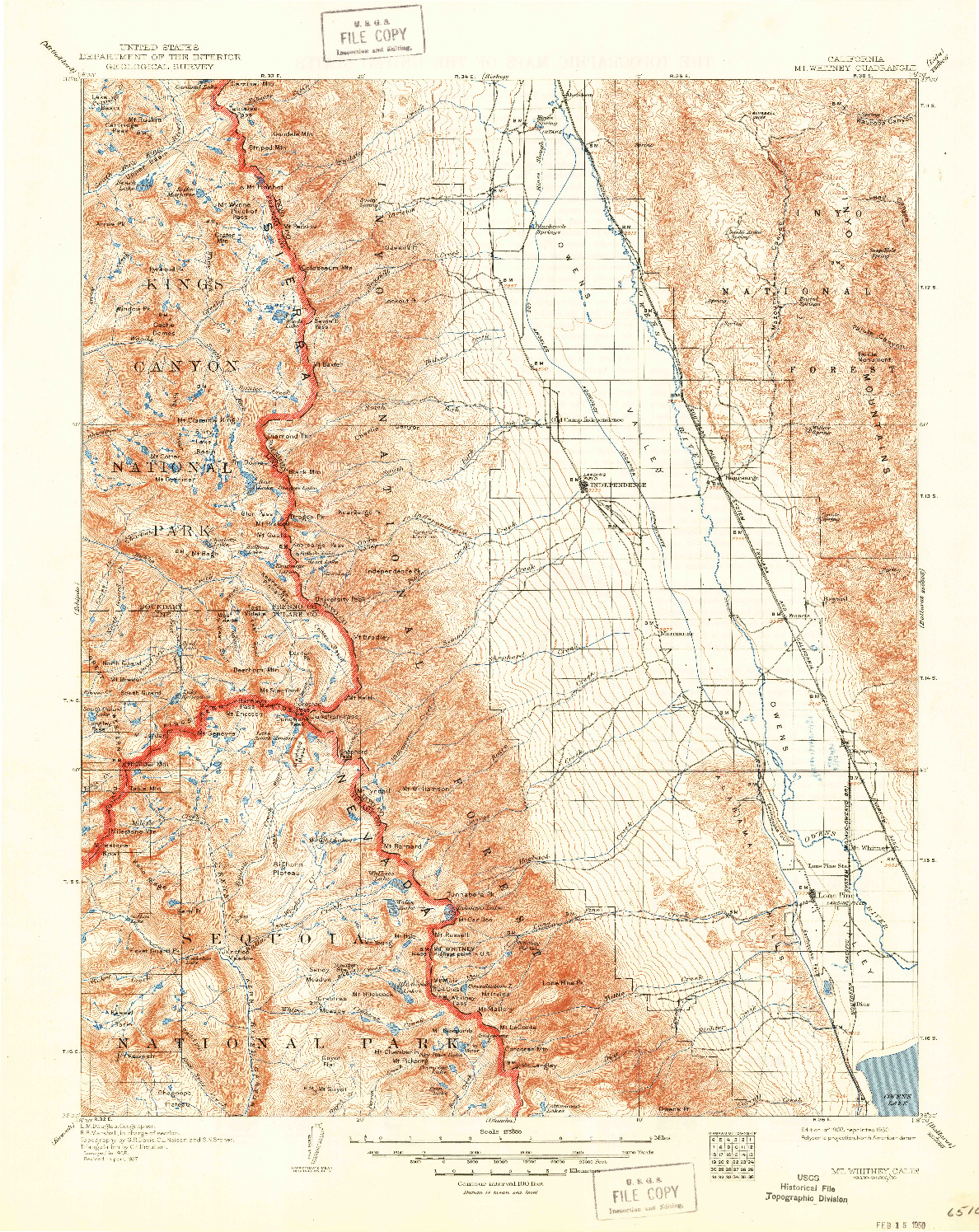 USGS 1:125000-SCALE QUADRANGLE FOR MT. WHITNEY, CA 1907