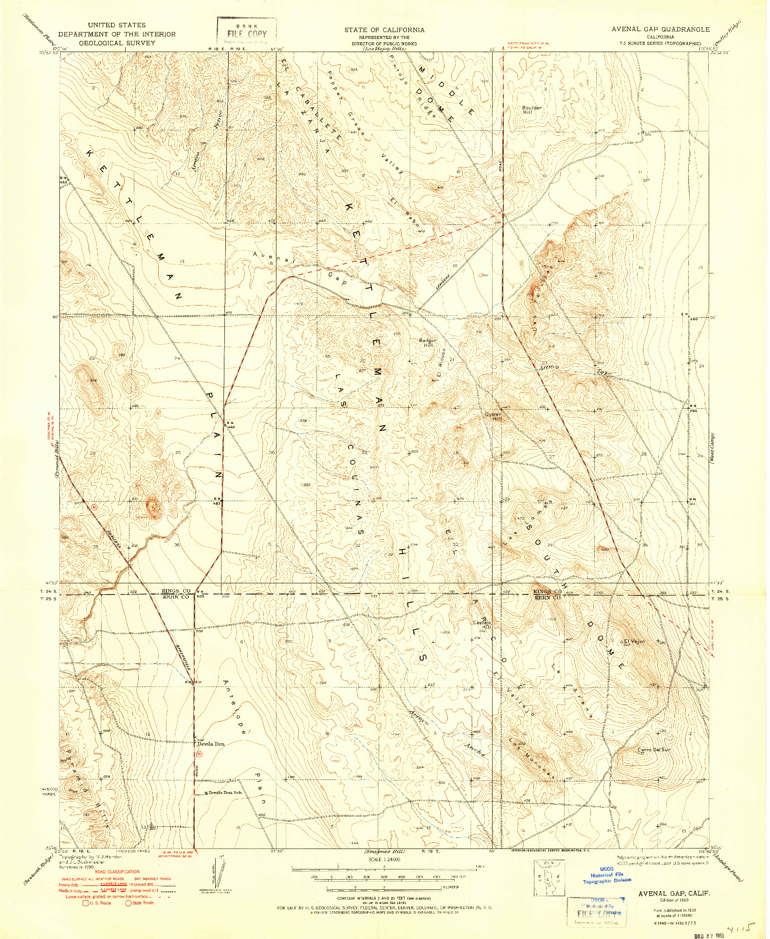 USGS 1:24000-SCALE QUADRANGLE FOR AVENAL GAP, CA 1950