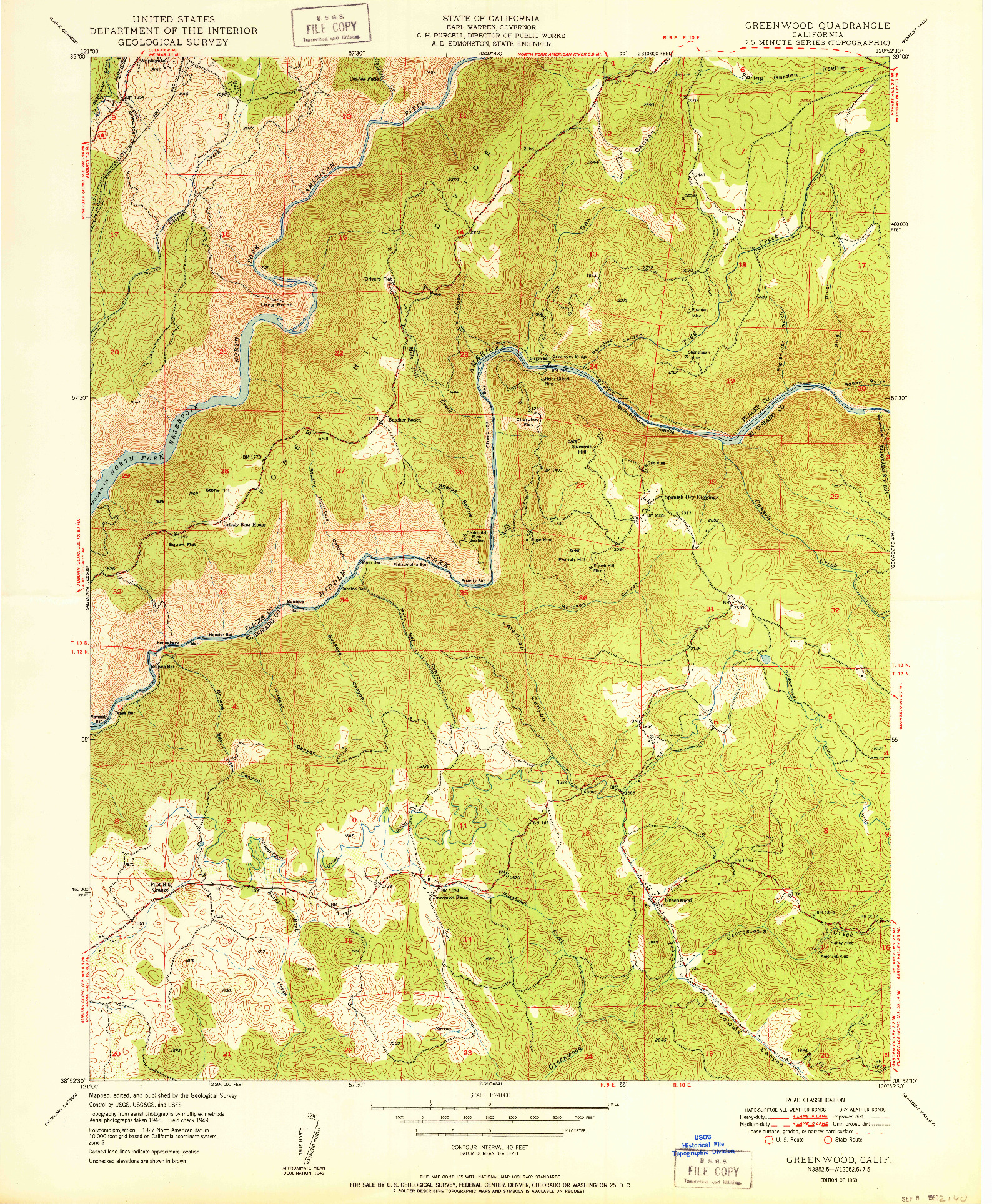 USGS 1:24000-SCALE QUADRANGLE FOR GREENWOOD, CA 1950