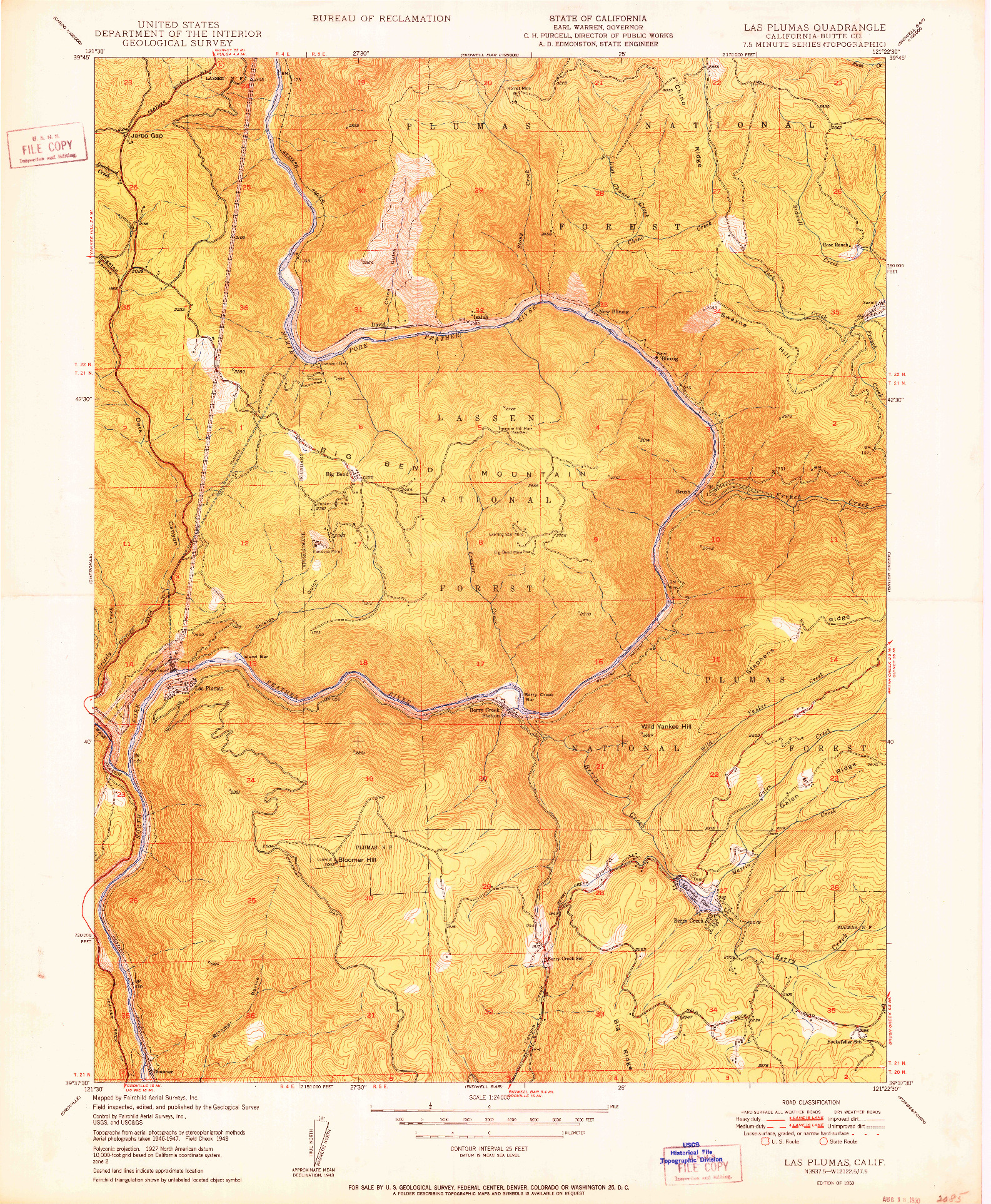 USGS 1:24000-SCALE QUADRANGLE FOR LAS PLUMAS, CA 1950