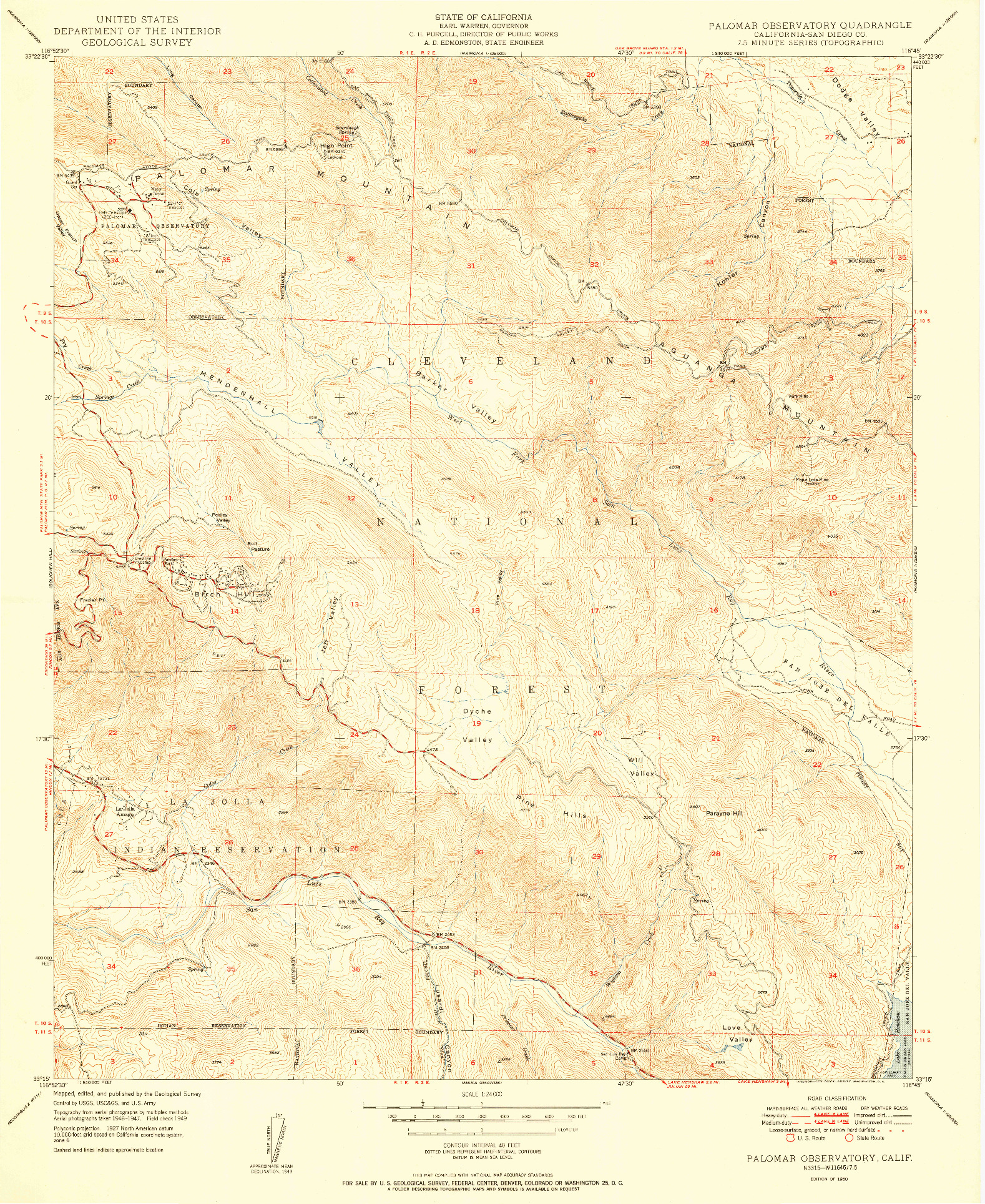 USGS 1:24000-SCALE QUADRANGLE FOR PALOMAR OBSERVATORY, CA 1950