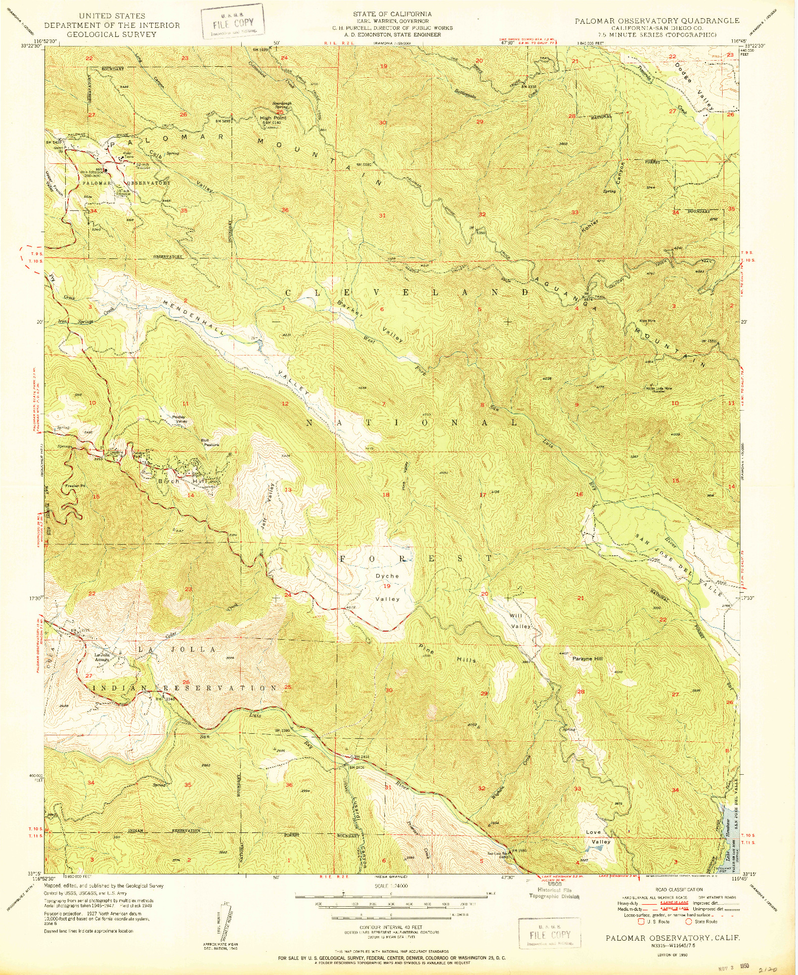USGS 1:24000-SCALE QUADRANGLE FOR PALOMAR OBSERVATORY, CA 1950