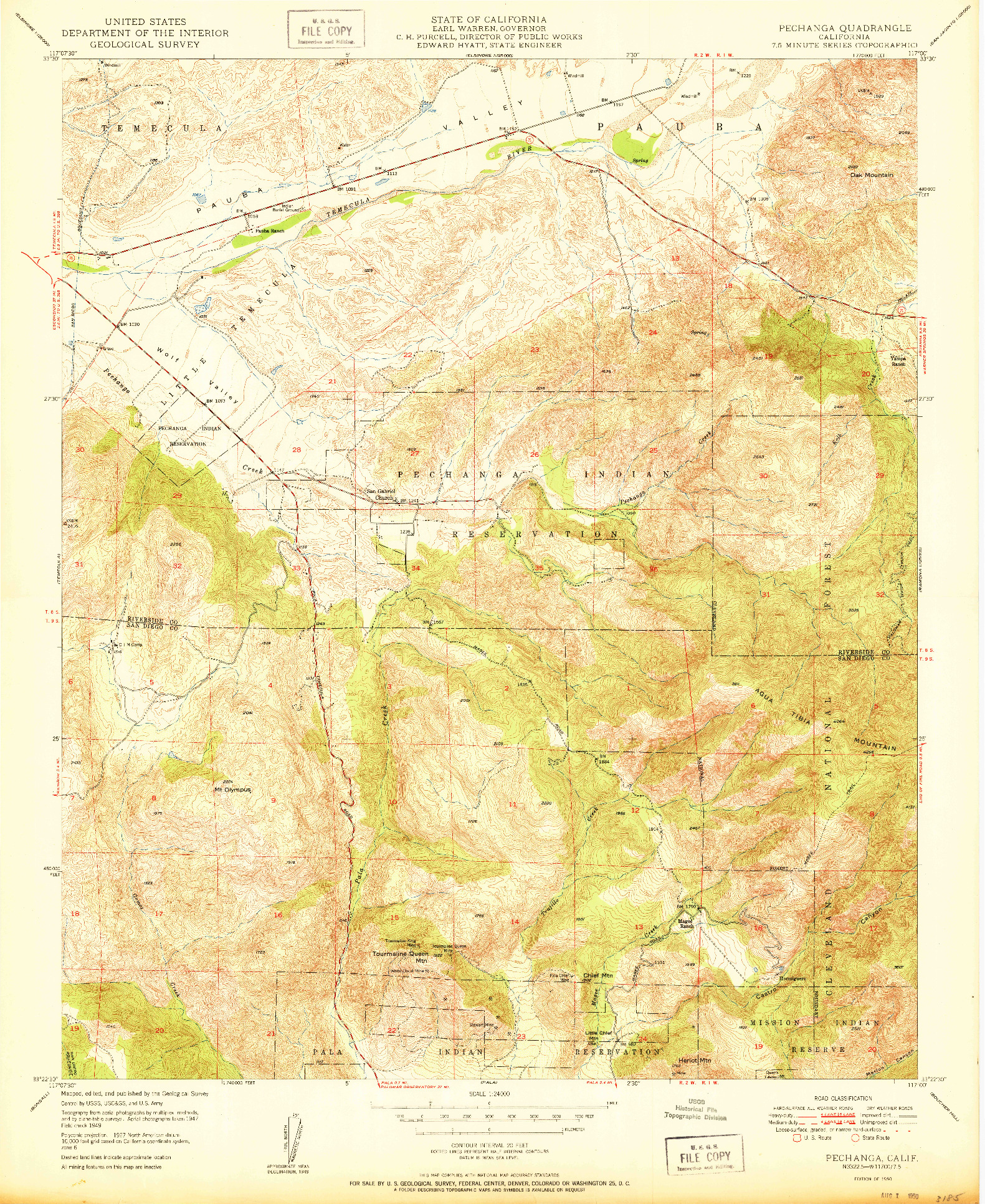USGS 1:24000-SCALE QUADRANGLE FOR PECHANGA, CA 1950