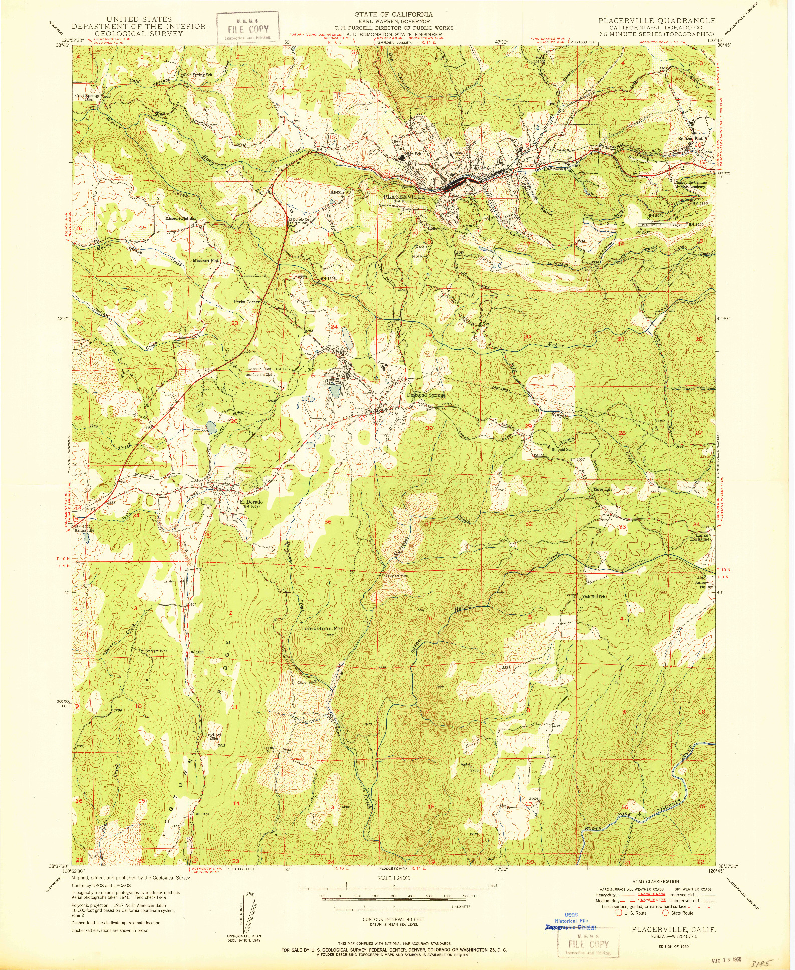 USGS 1:24000-SCALE QUADRANGLE FOR PLACERVILLE, CA 1950