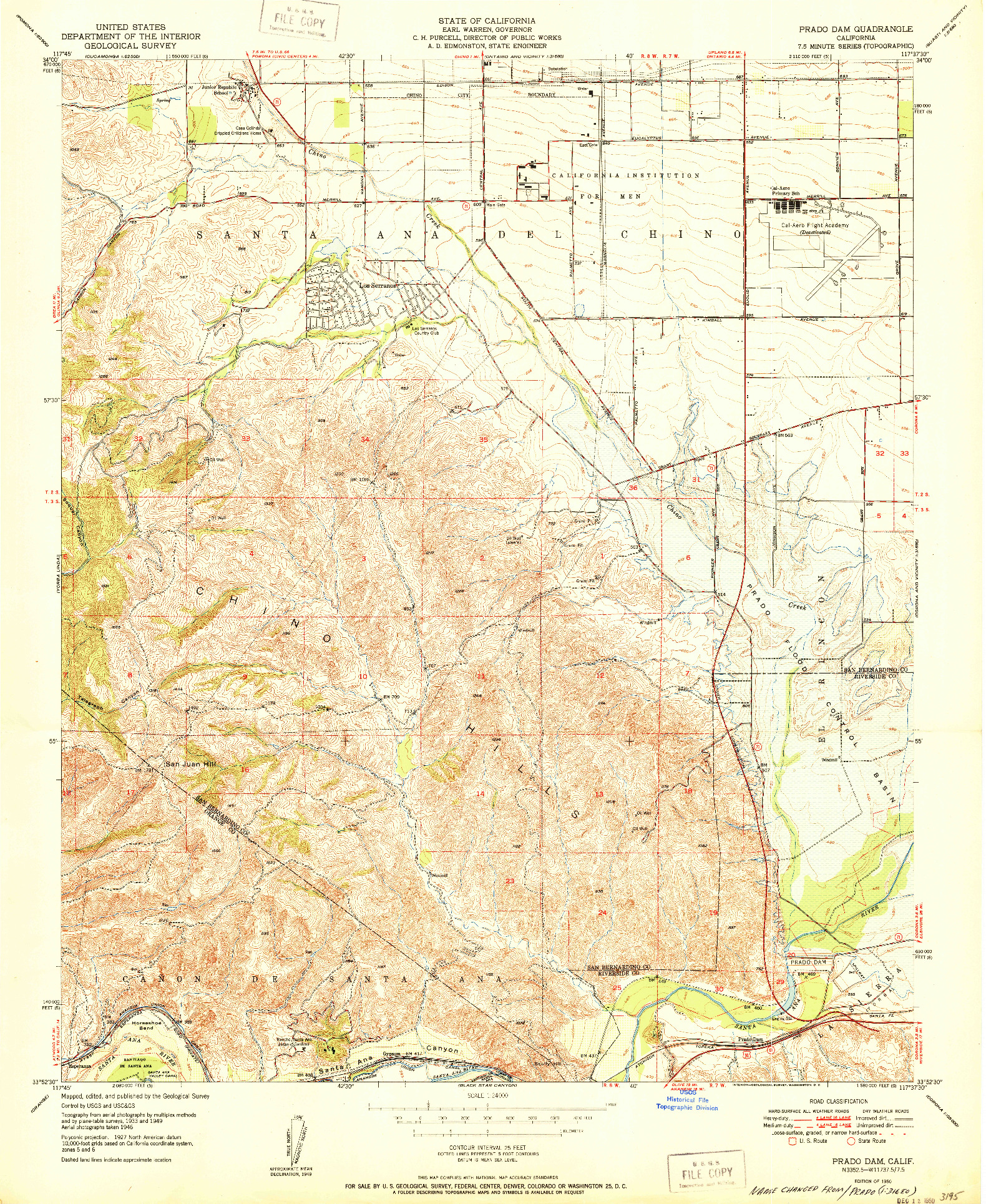USGS 1:24000-SCALE QUADRANGLE FOR PRADO DAM, CA 1950