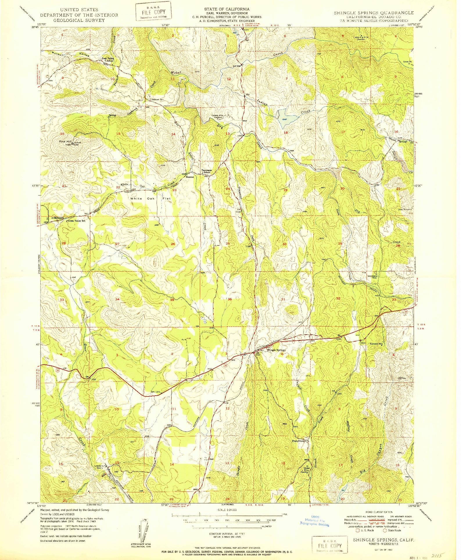USGS 1:24000-SCALE QUADRANGLE FOR SHINGLE SPRINGS, CA 1950